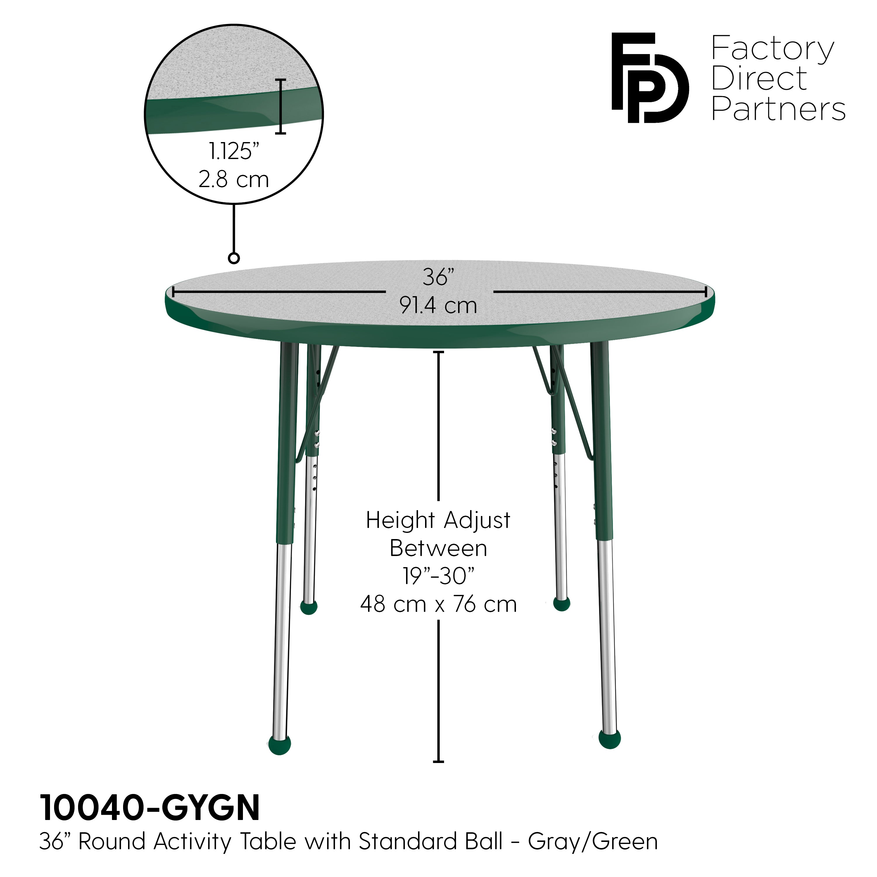 36" Round T-Molding Activity Table with Adjustable Standard Ball Glide Legs - Gray/Green