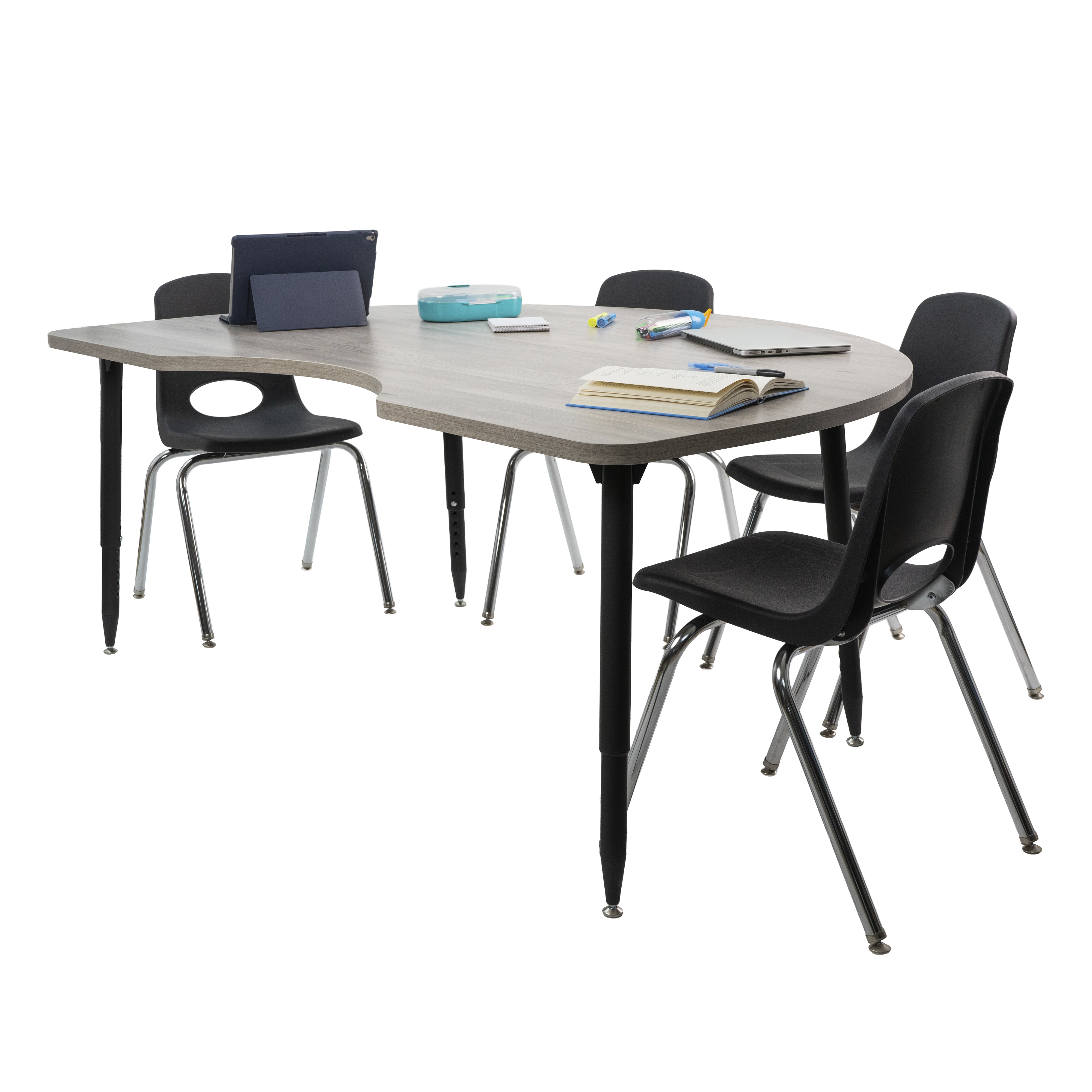 Adapte 48" x 72" Kidney Woodgrain Activity Table with Adjustable Tapered Legs - Light Gray Wood/Black