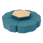 Pro Series Hexagon Ottoman Table with Petal 12" H Seating, 7-Piece Set - Teal/Maple