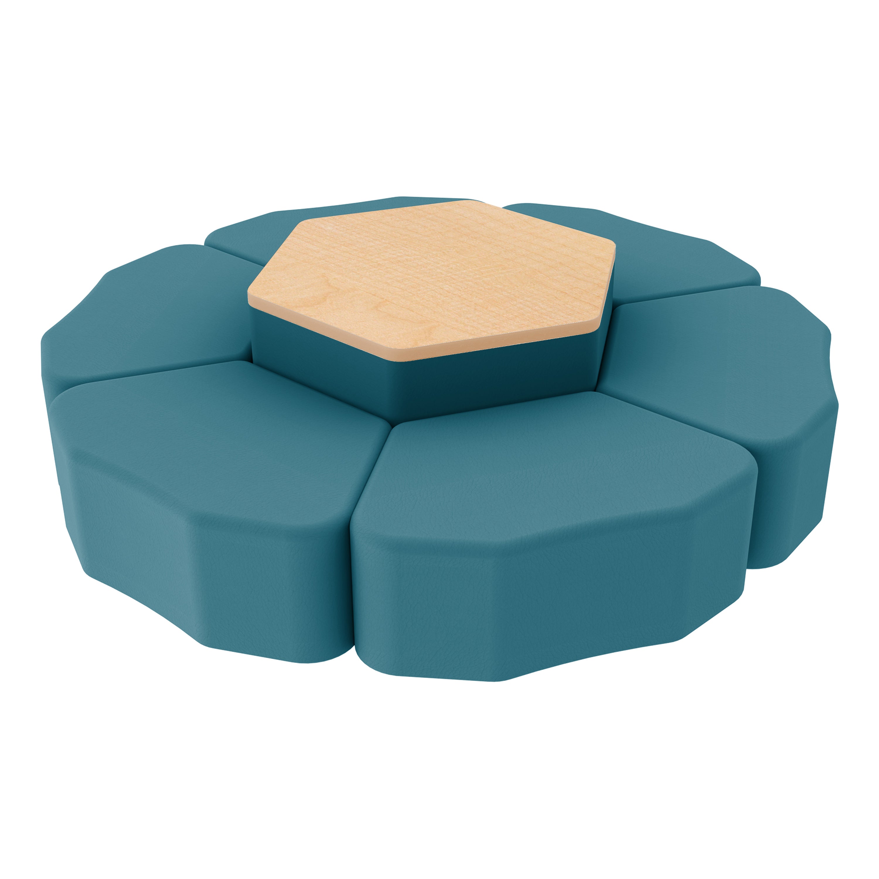 Pro Series Hexagon Ottoman Table with Petal 12" H Seating, 7-Piece Set - Teal/Maple