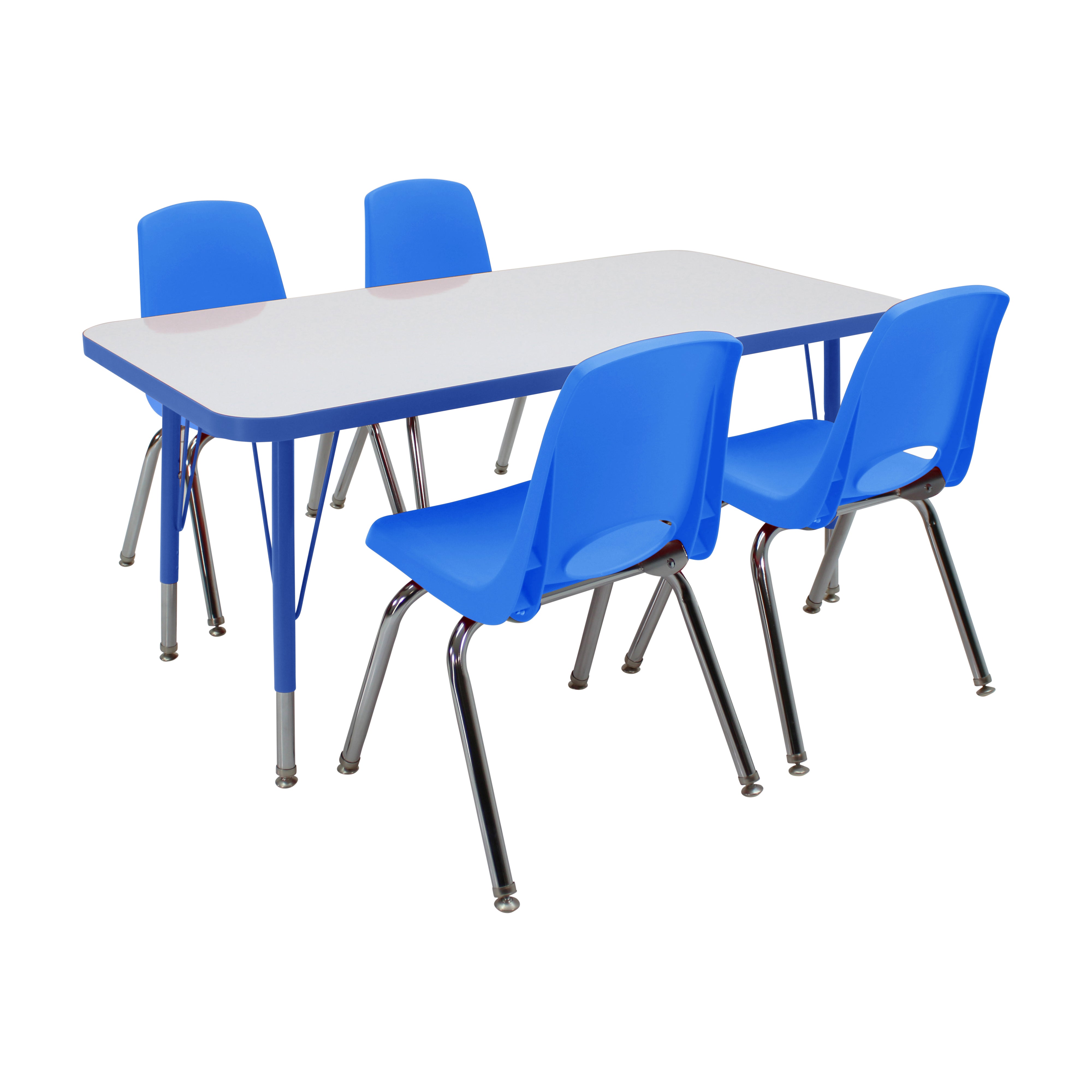 24" x 48" Rectangle Dry-Erase Activity Table with Standard Legs and 14" Stack Chairs with Swivel Glides, 5-Piece Set - Whiteboard/Blue