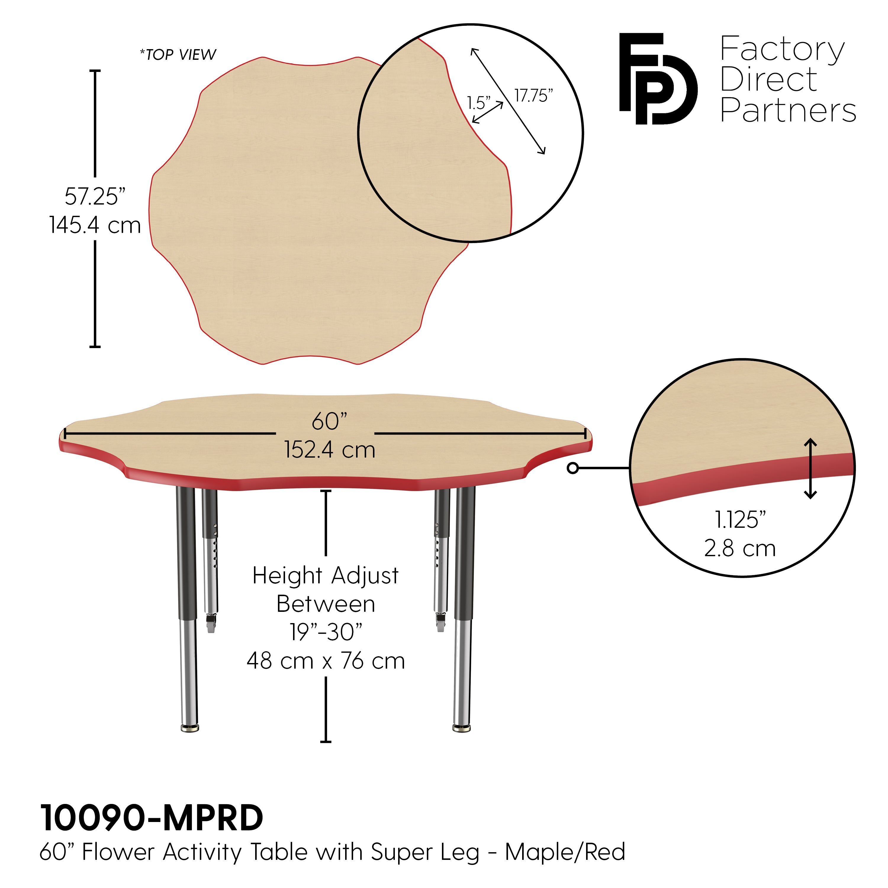 60" x 60" Flower T-Molding Activity Table with Adjustable Super Legs - Maple/Red/Black