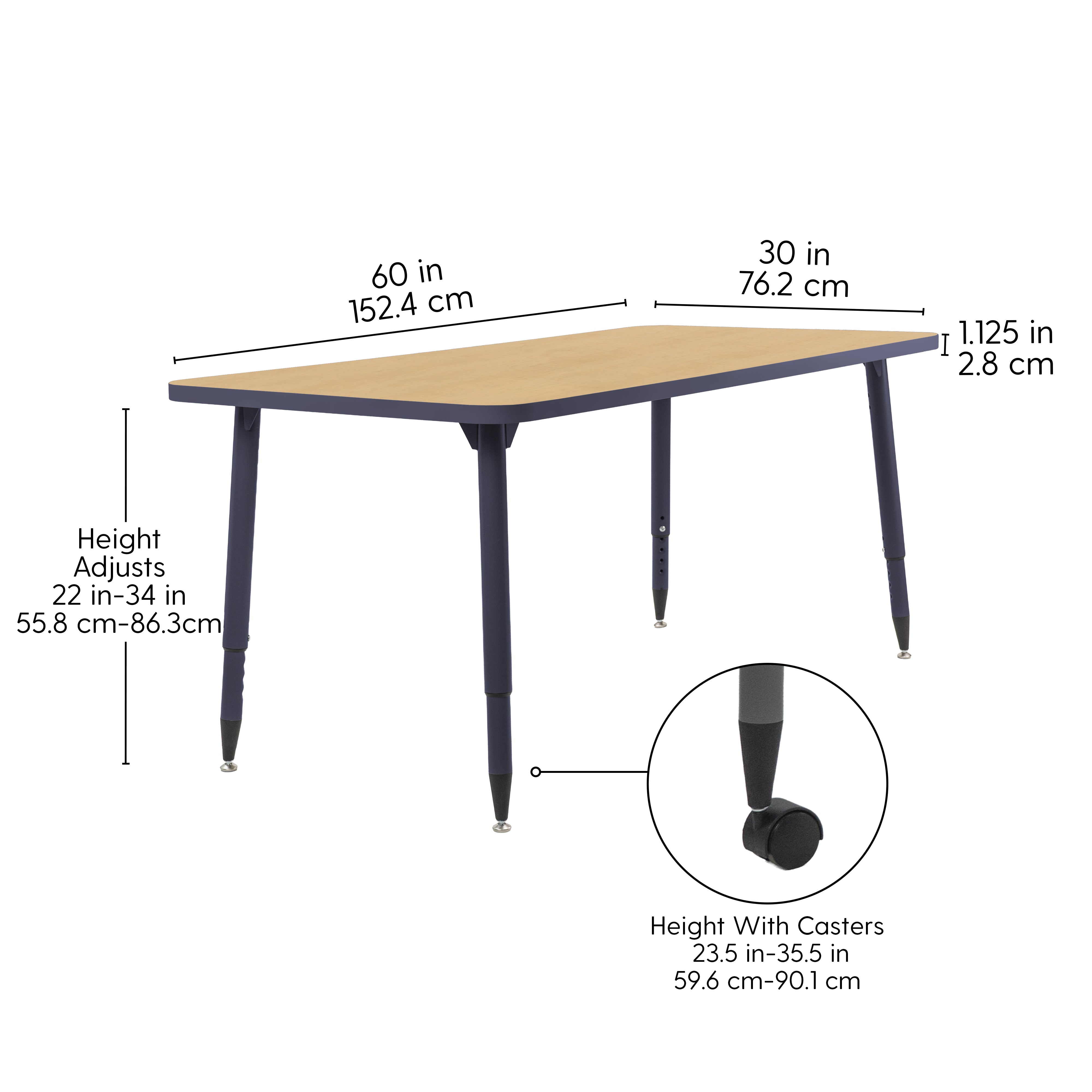 Adapte 30" x 60" Rectangle Thermofused Activity Table with Adjustable Tapered Legs - Maple/Navy
