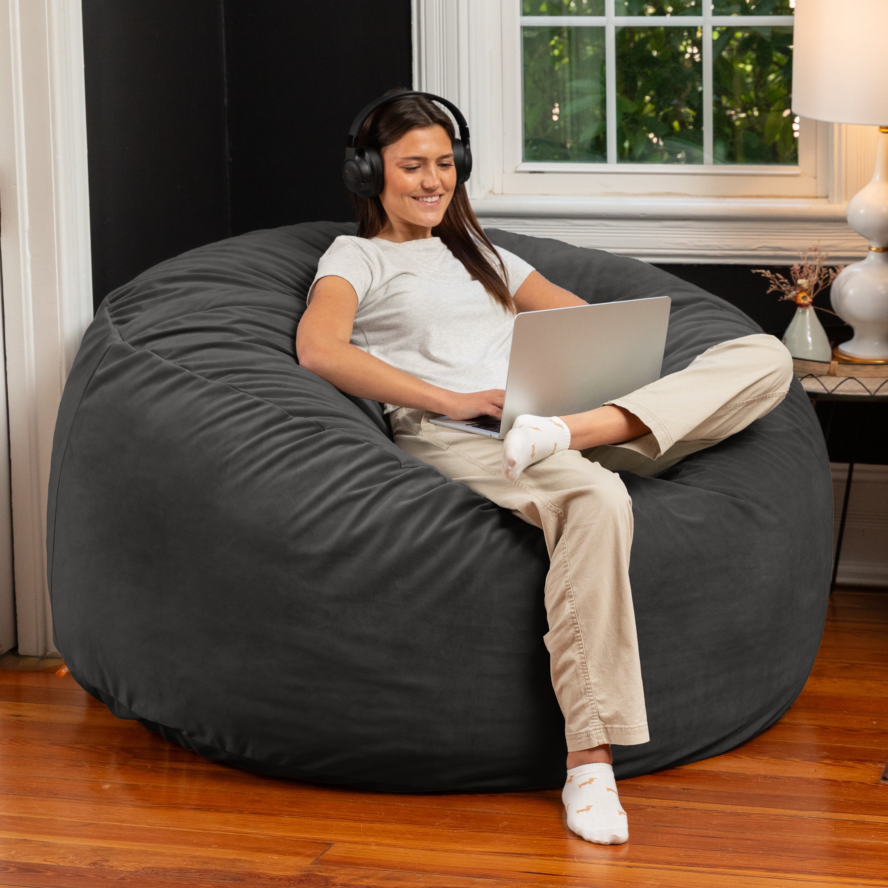Jaxx 5 Foot Saxx - Large Round Bean Bag Chair for Adults - Lush Velvet Black