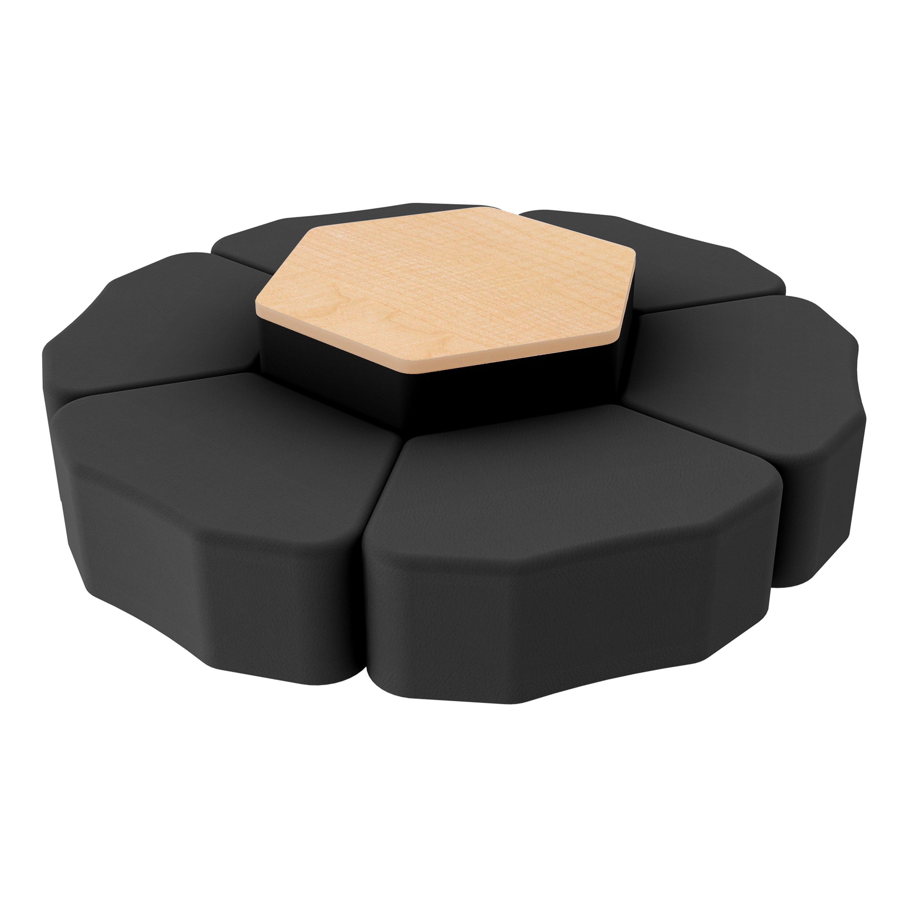Pro Series Hexagon Ottoman Table with Petal 12" H Seating, 7-Piece Set - Black/Maple