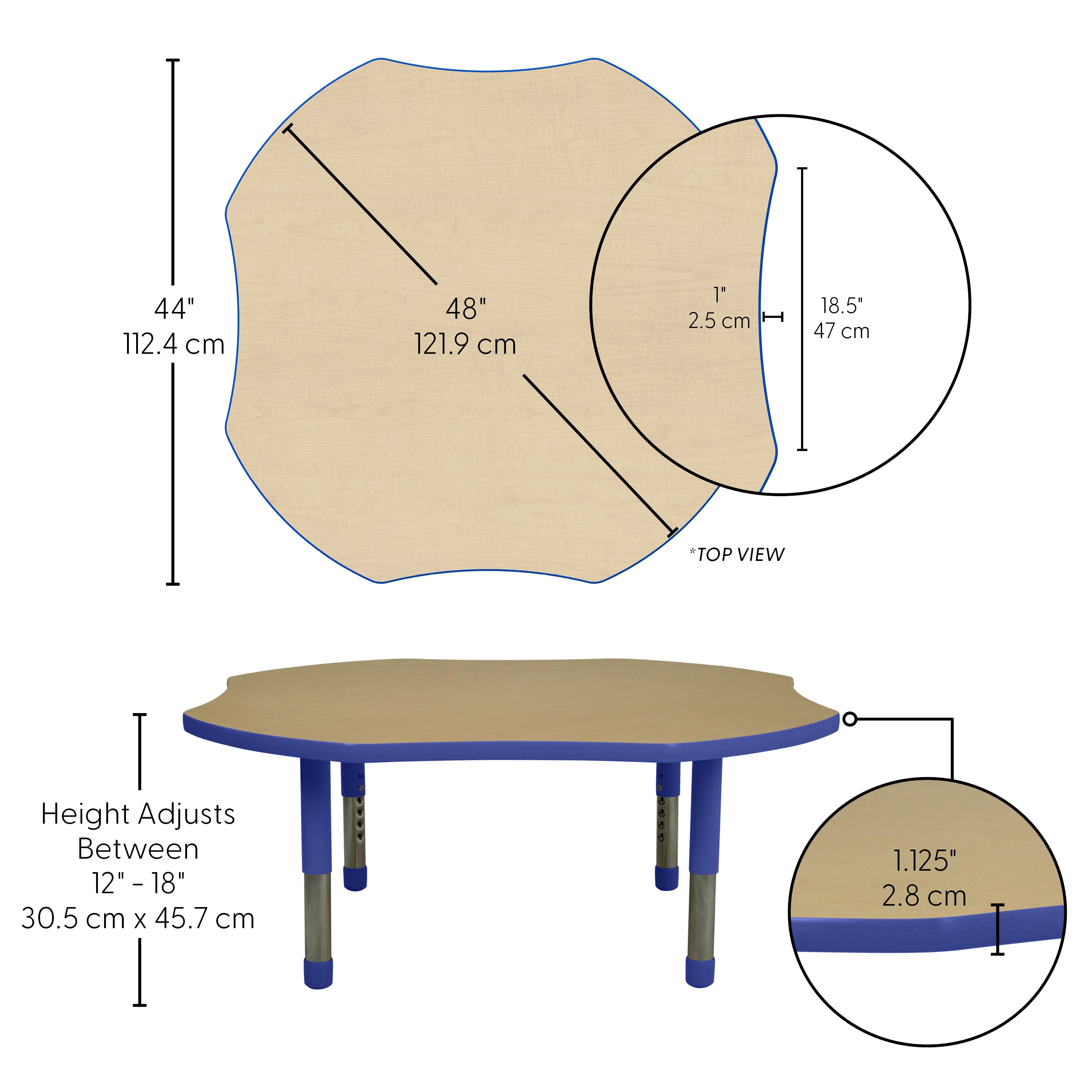 48" x 48" Clover T-Molding Activity Table with Adjustable Tiny Tot Legs - Maple/Blue