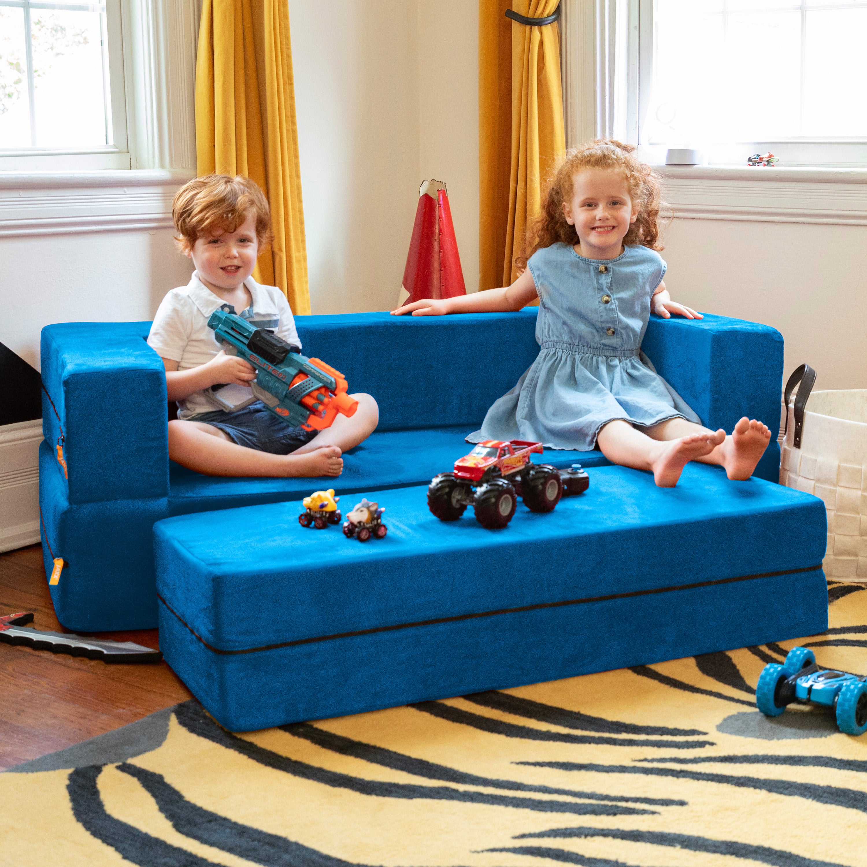Jaxx Zipline Kids Sofa & Large Ottoman, 3 in 1 Fold Out Sofa, Big Kids Edition, Blueberry