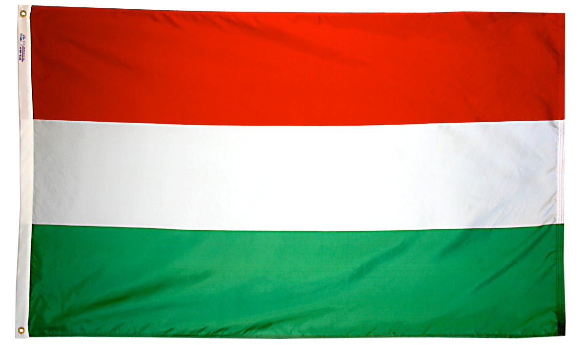Hungary Flag 5x8 ft. Nylon SolarGuard Nyl-Glo 100% Made in USA to Official United Nations Design Specifications.