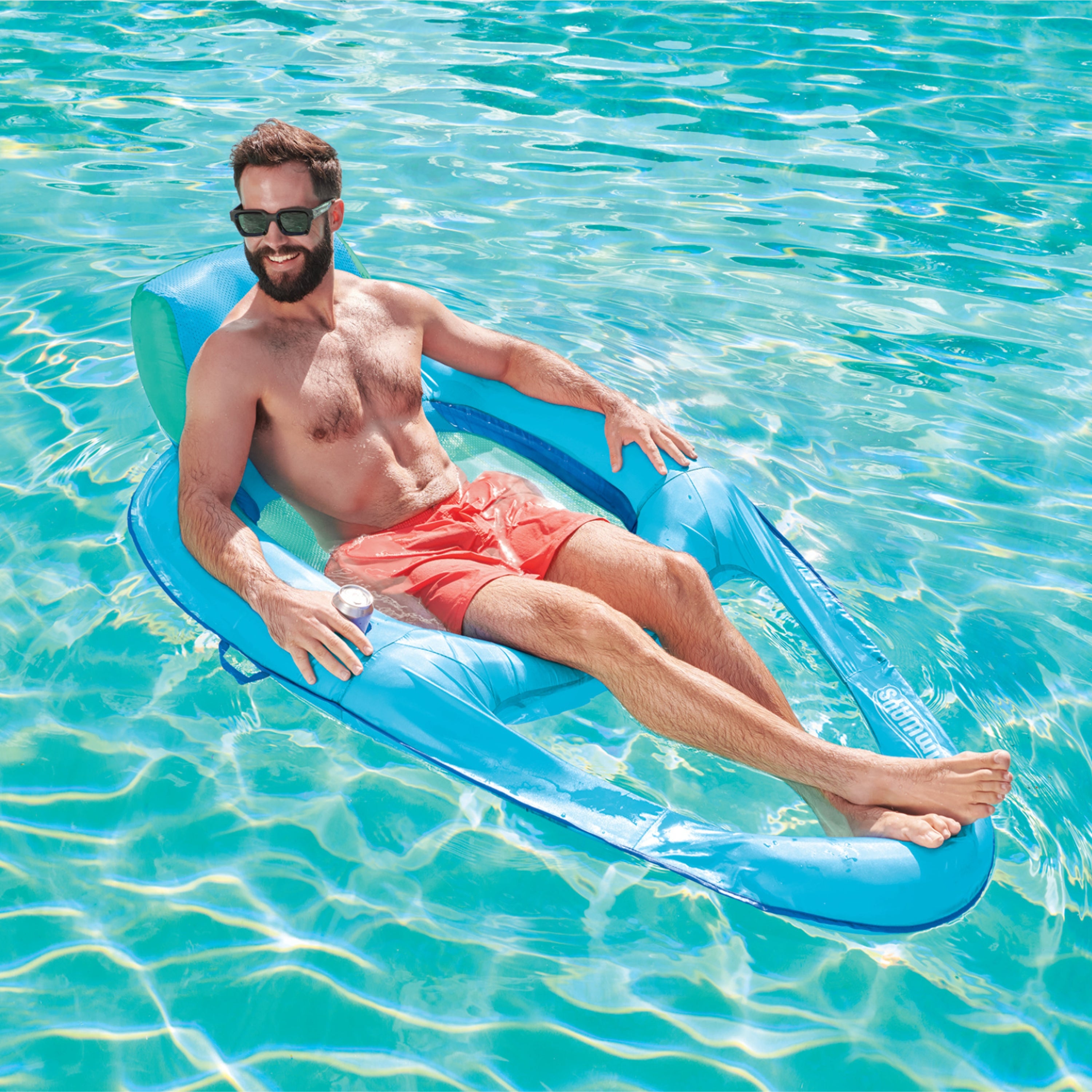 SwimWays Spring Float Premium XL Recliner Chair for Swimming Pool, Inflatable Pool Floats Adult with Fast Inflation, Cup Holder & Foot Rest, Supports Up to 300 lbs, Blue