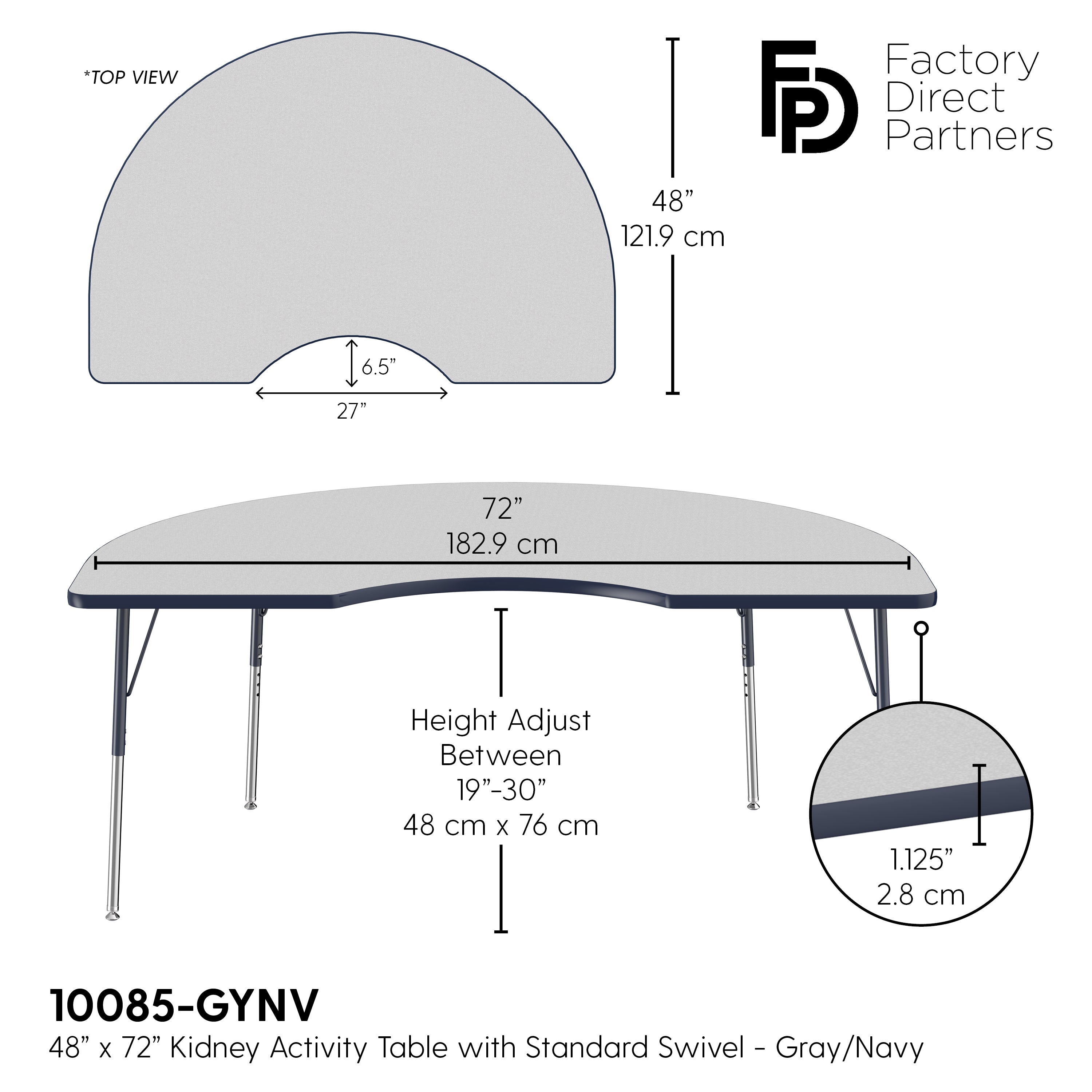 48" x 72" Kidney T-Molding Activity Table with Adjustable Standard Swivel Glide Legs - Gray/Navy