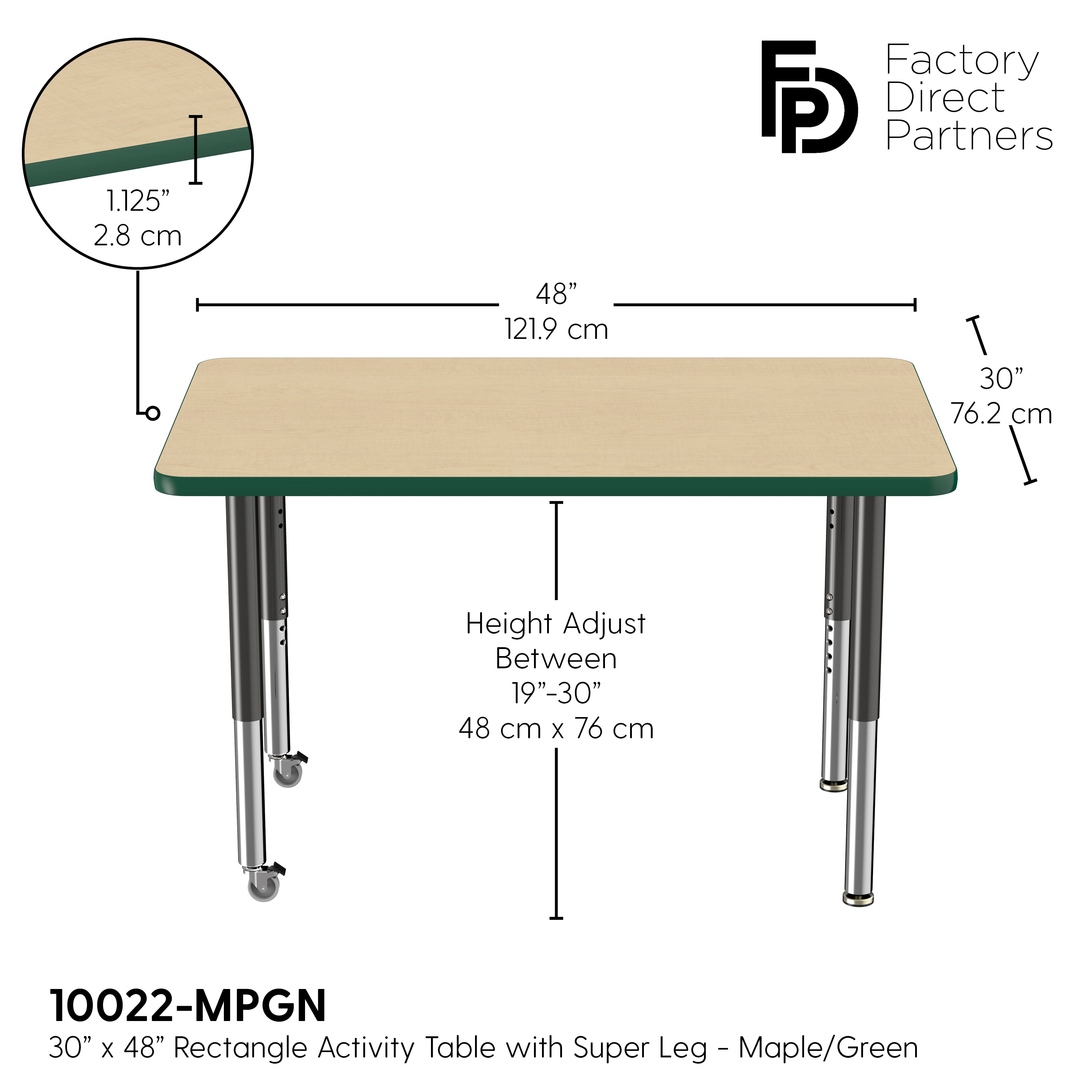 30" x 48" Rectangle T-Molding Activity Table with Adjustable Super Legs - Maple/Green/Black