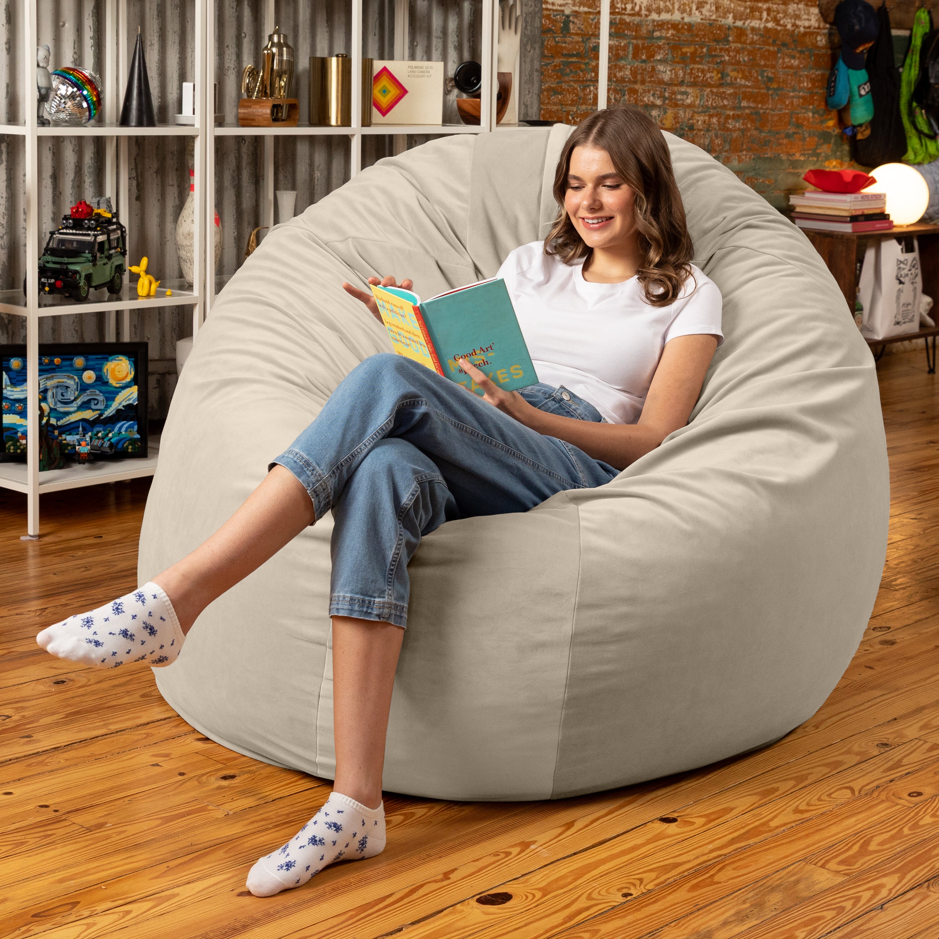 Jaxx 6 Foot Cocoon - 2-in-1 Convertible Bean Bag Bed & Large Bean Bag Chair for Adults, Premium Lush Velvet - Ivory