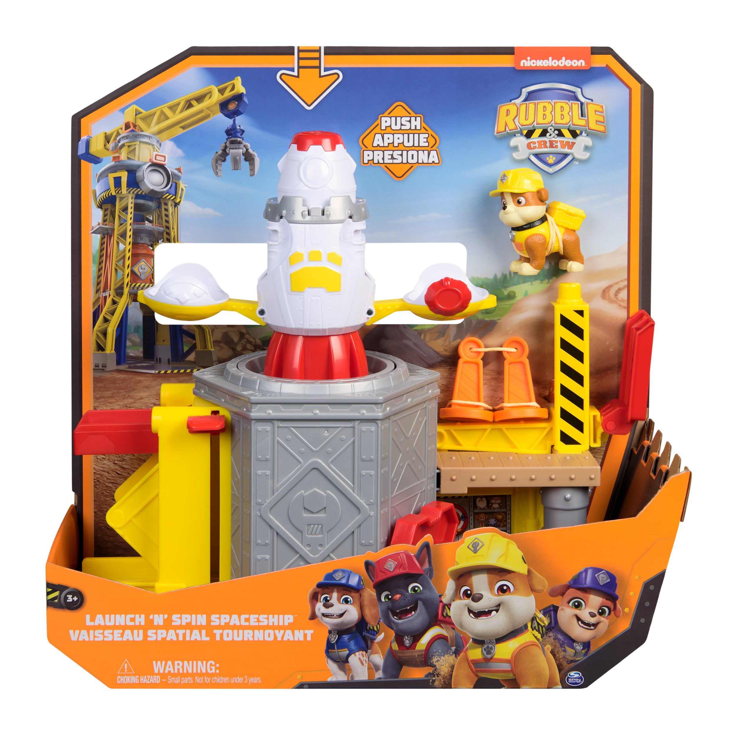 Rubble & Crew, Launch & Spin Spaceship Playset with Rubble Toy Figure in Construction Uniform, Kids Toys for Boys & Girls Ages 3 and up
