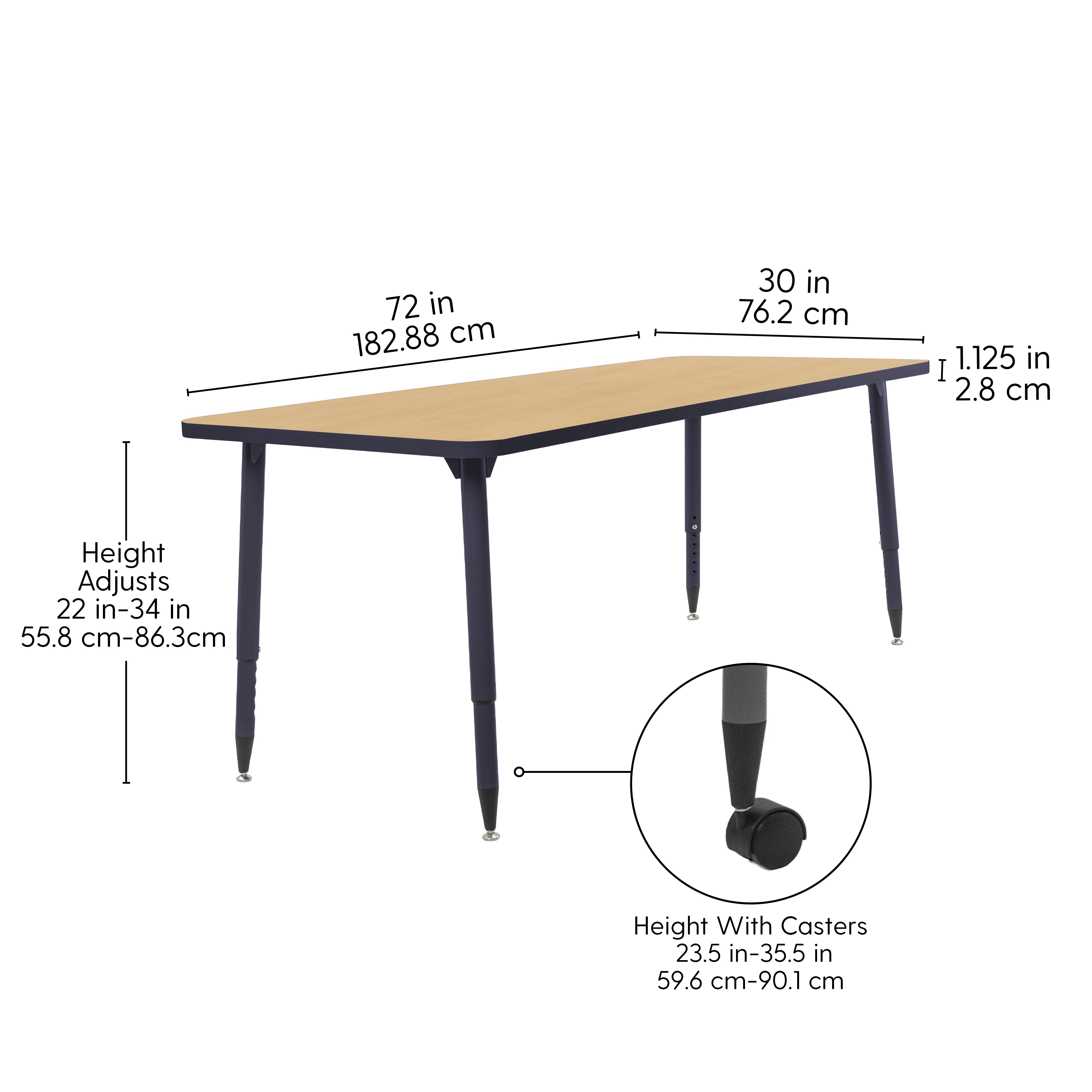 Adapte 30" x 72" Rectangle Activity Table with Adjustable Tapered Legs - Maple/Navy