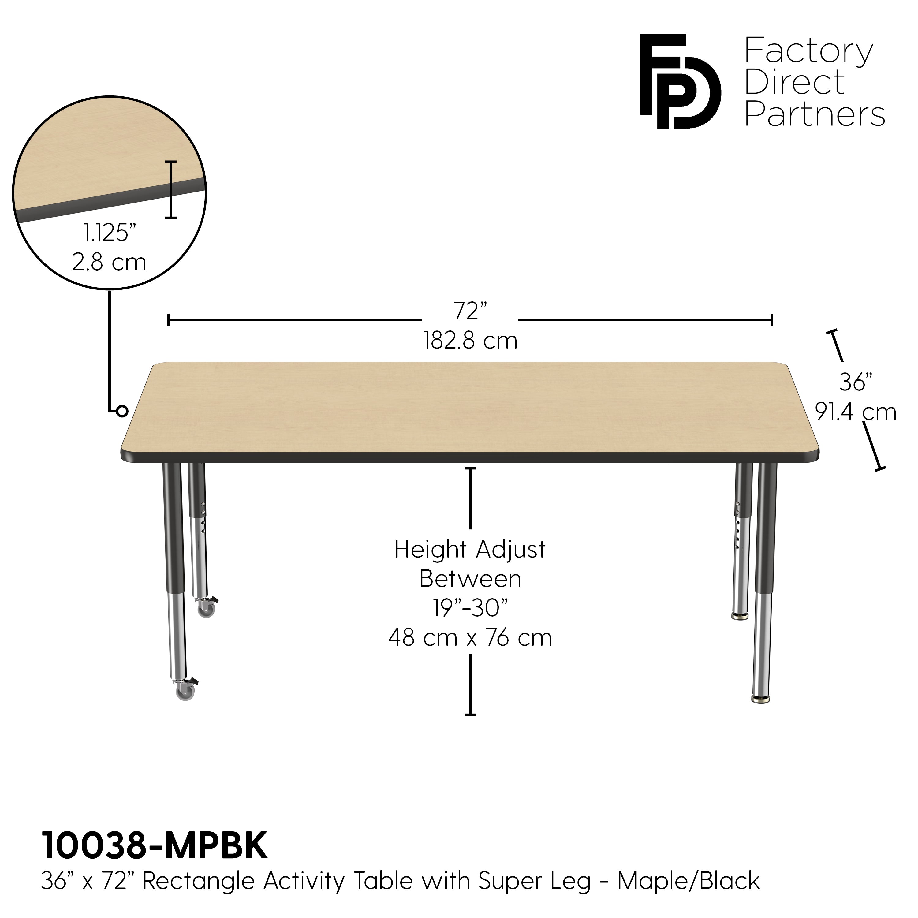 36" x 72" Rectangle T-Molding Activity Table with Adjustable Super Legs - Maple/Black