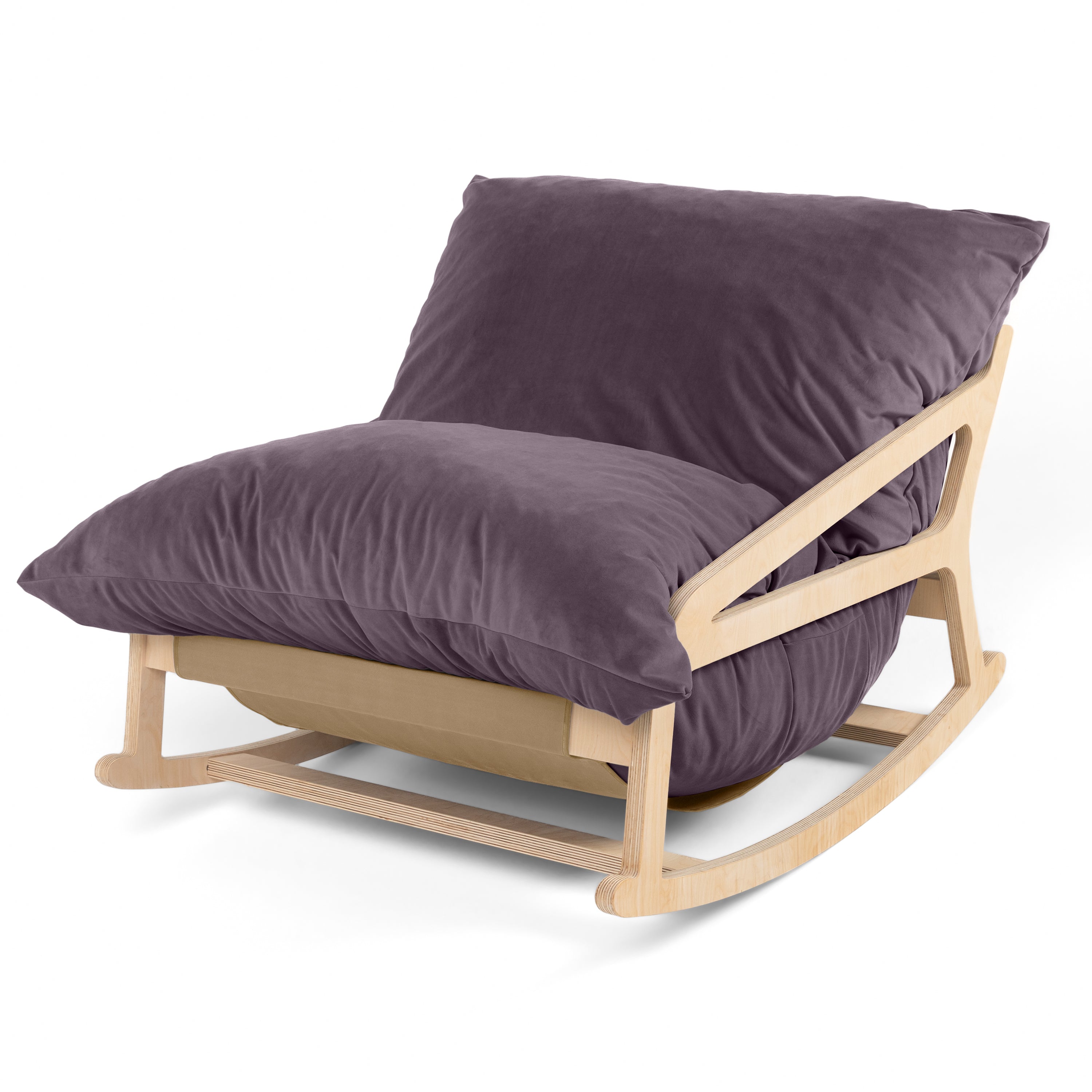 Pillow Saxx Bean Bag Rocking Chair - Elegant Oversized Rocker with Modern Wood Frame, Lush Velvet Purple