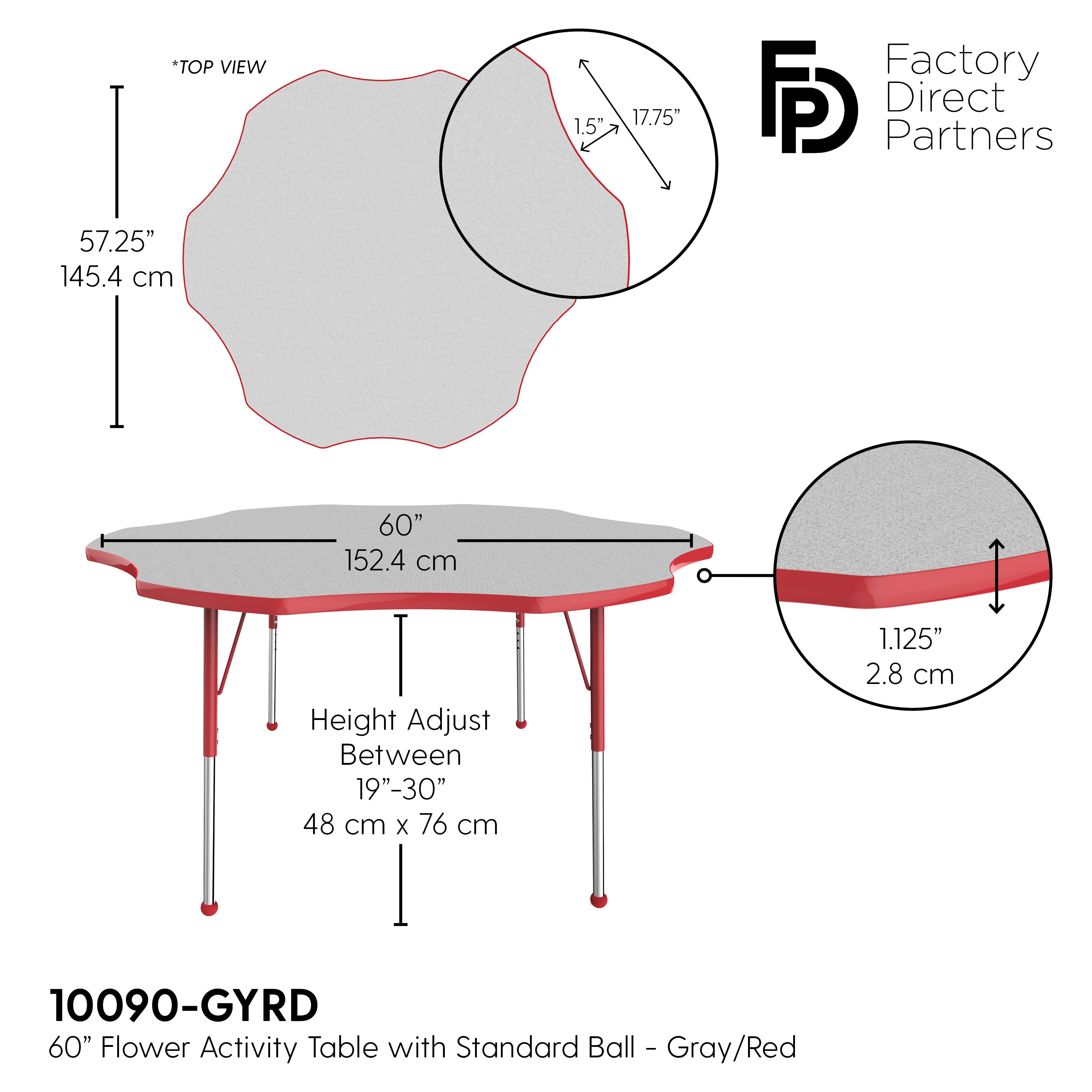 60" x 60" Flower T-Molding Activity Table with Adjustable Standard Ball Glide Legs - Gray/Red