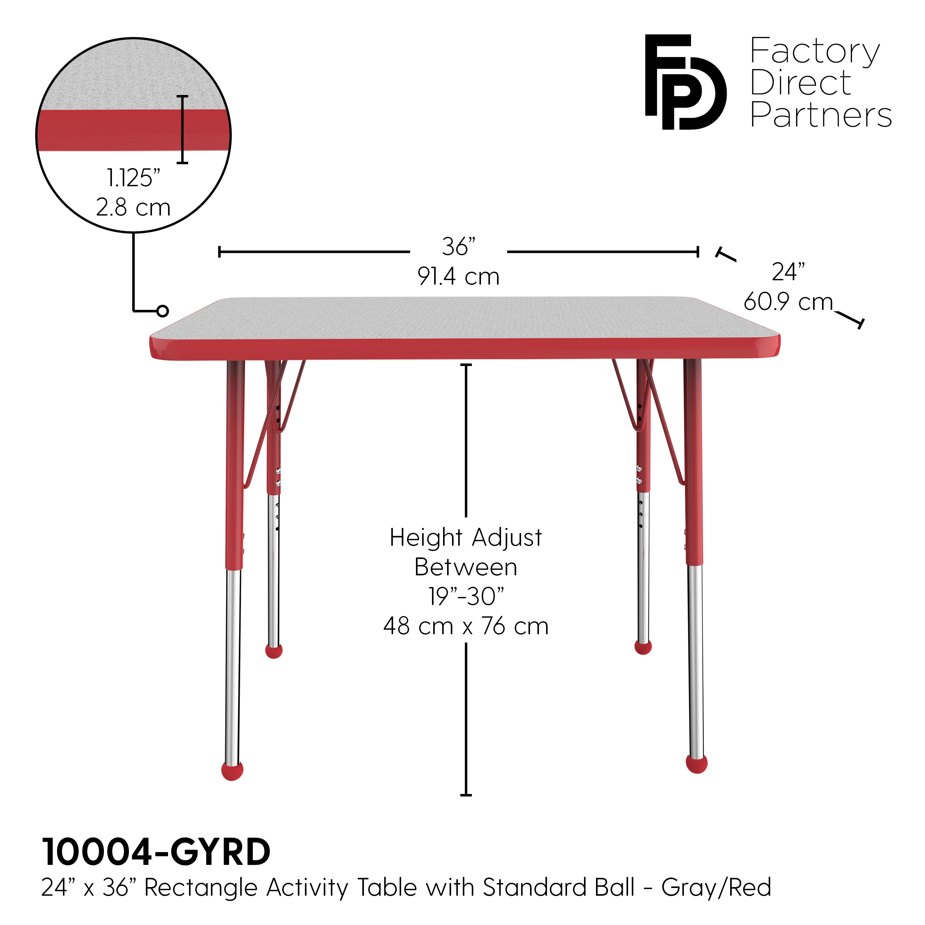 24" x 36" Rectangle T-Molding Activity Table with Adjustable Standard Ball Glide Legs - Gray/Red