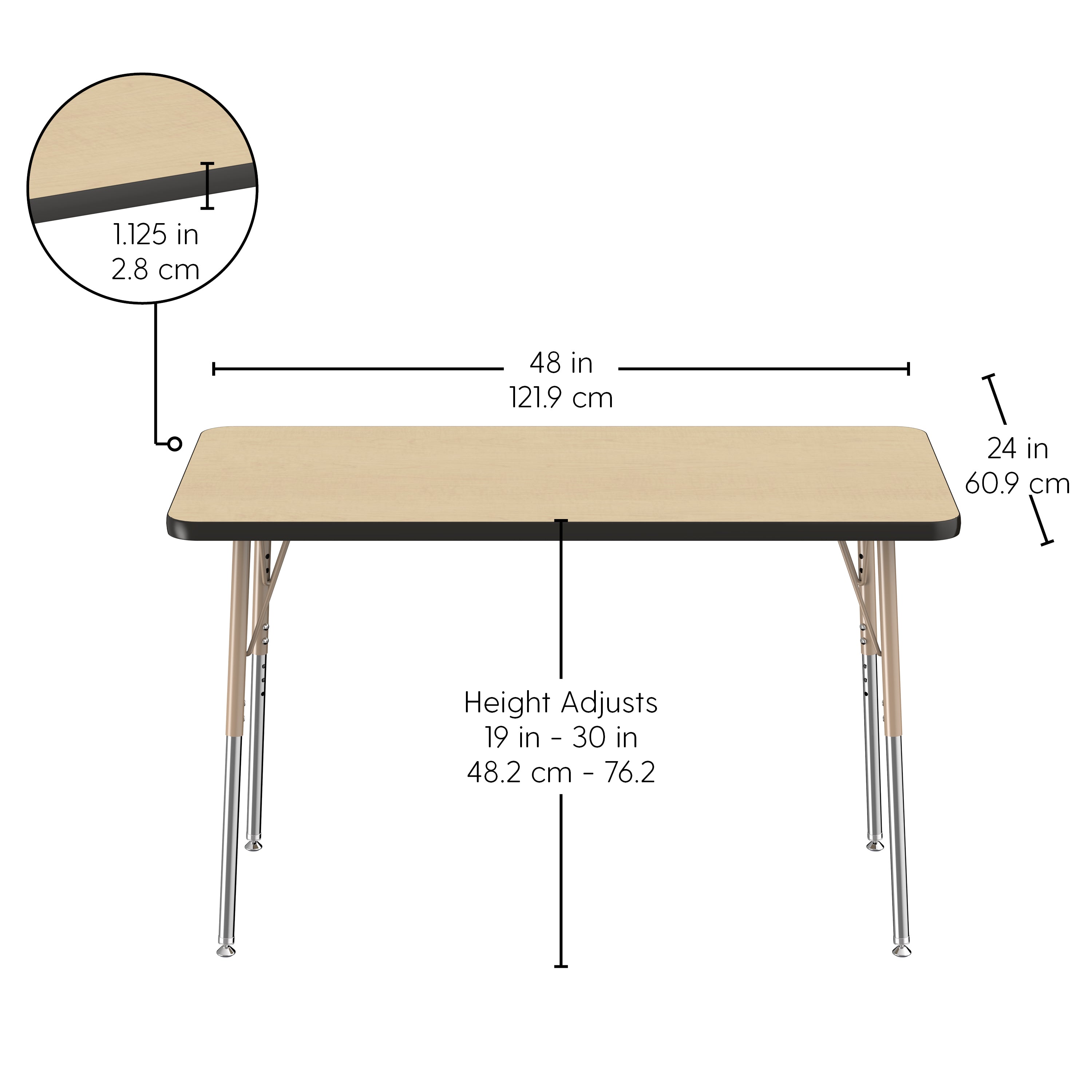 24" x 48" Rectangle T-Molding Activity Table with Adjustable Standard Swivel Glide Legs - Maple/Black/Sand