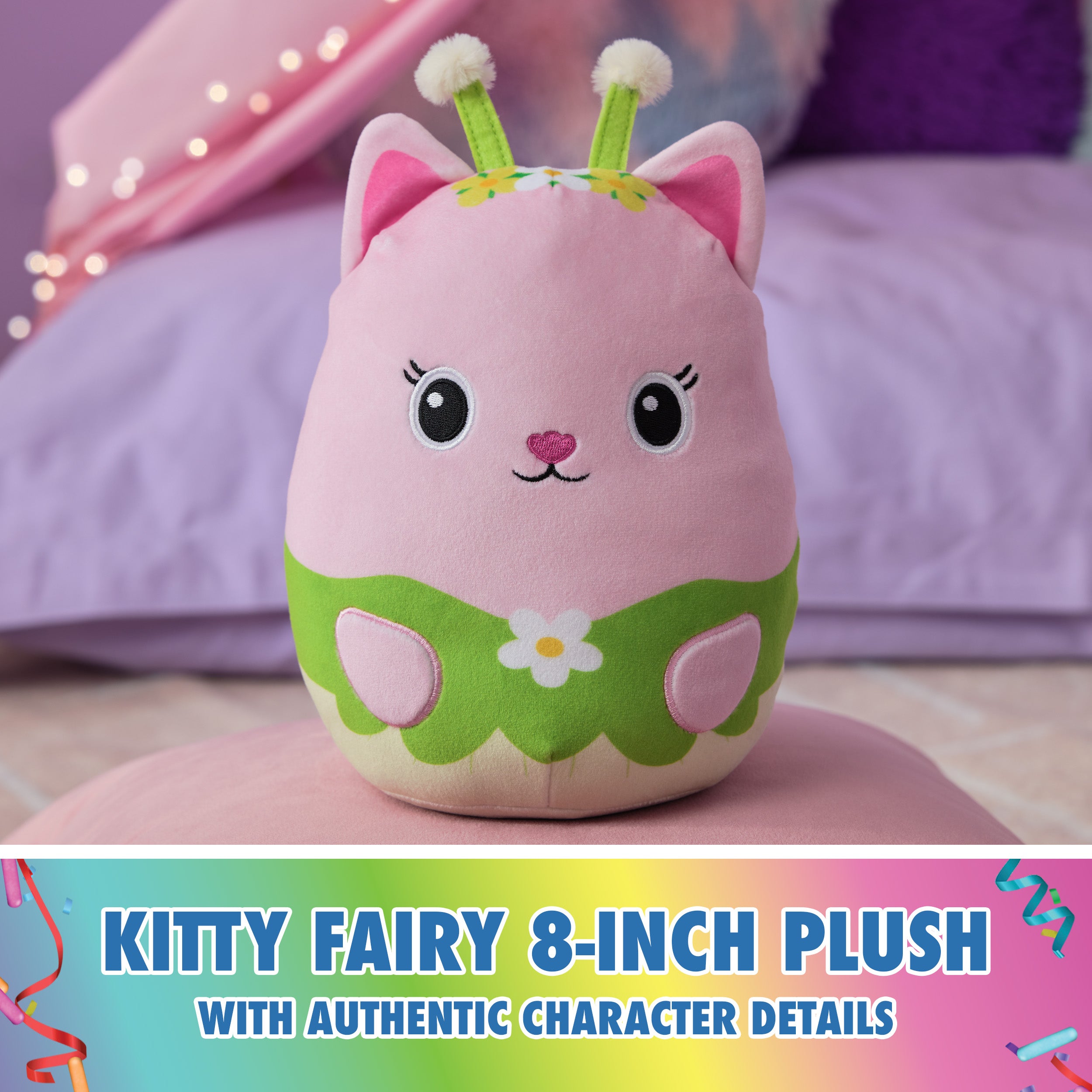 Gabby’s Dollhouse Official Kitty Fairy Squishy Plush Toy, Cat Stuffed Animal, Squishy Toys for Ages 1 & Up, Pink/Green, 8”