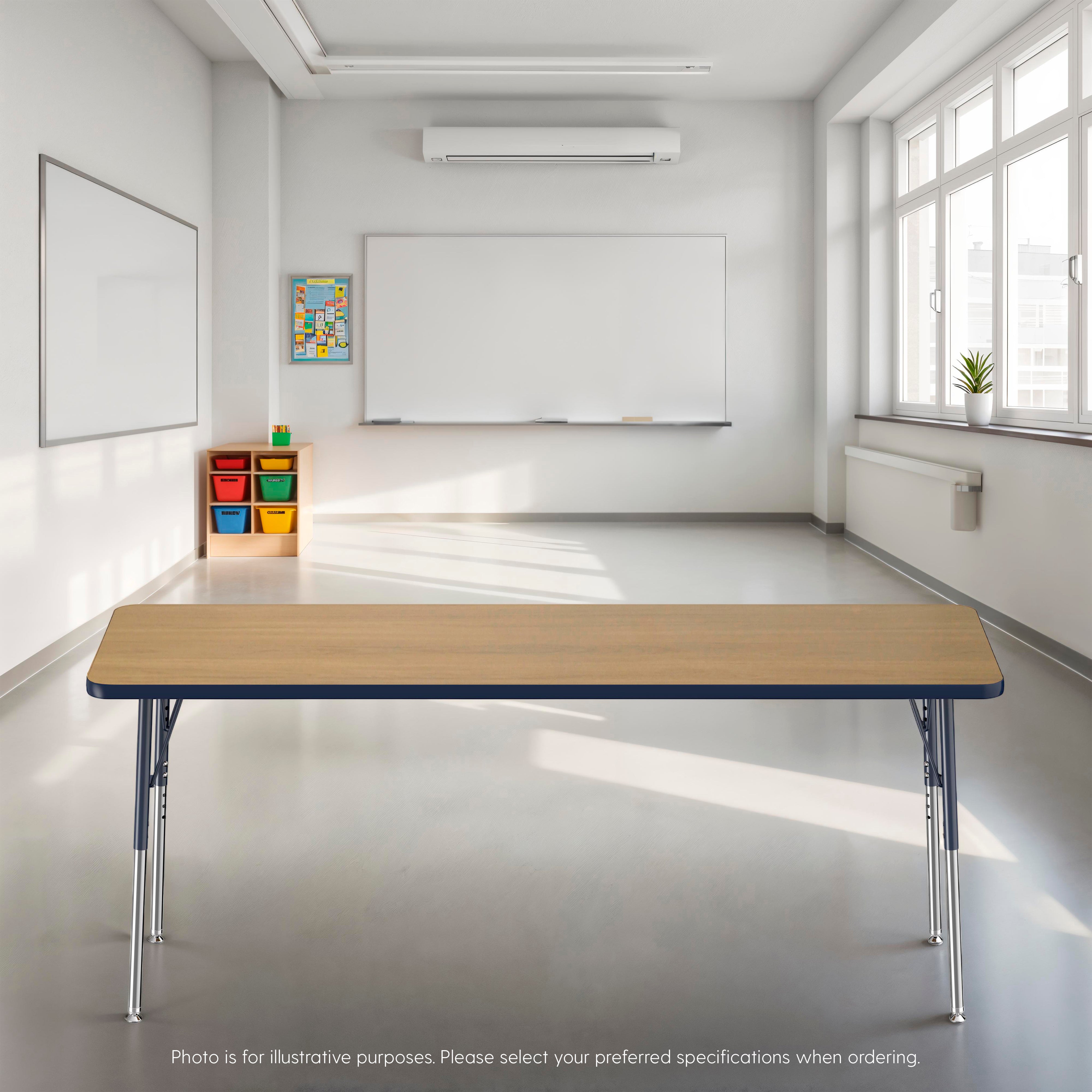 24" x 72" Rectangle T-Molding Activity Table with Adjustable Standard Swivel Glide Legs - Pasadena Oak/Navy