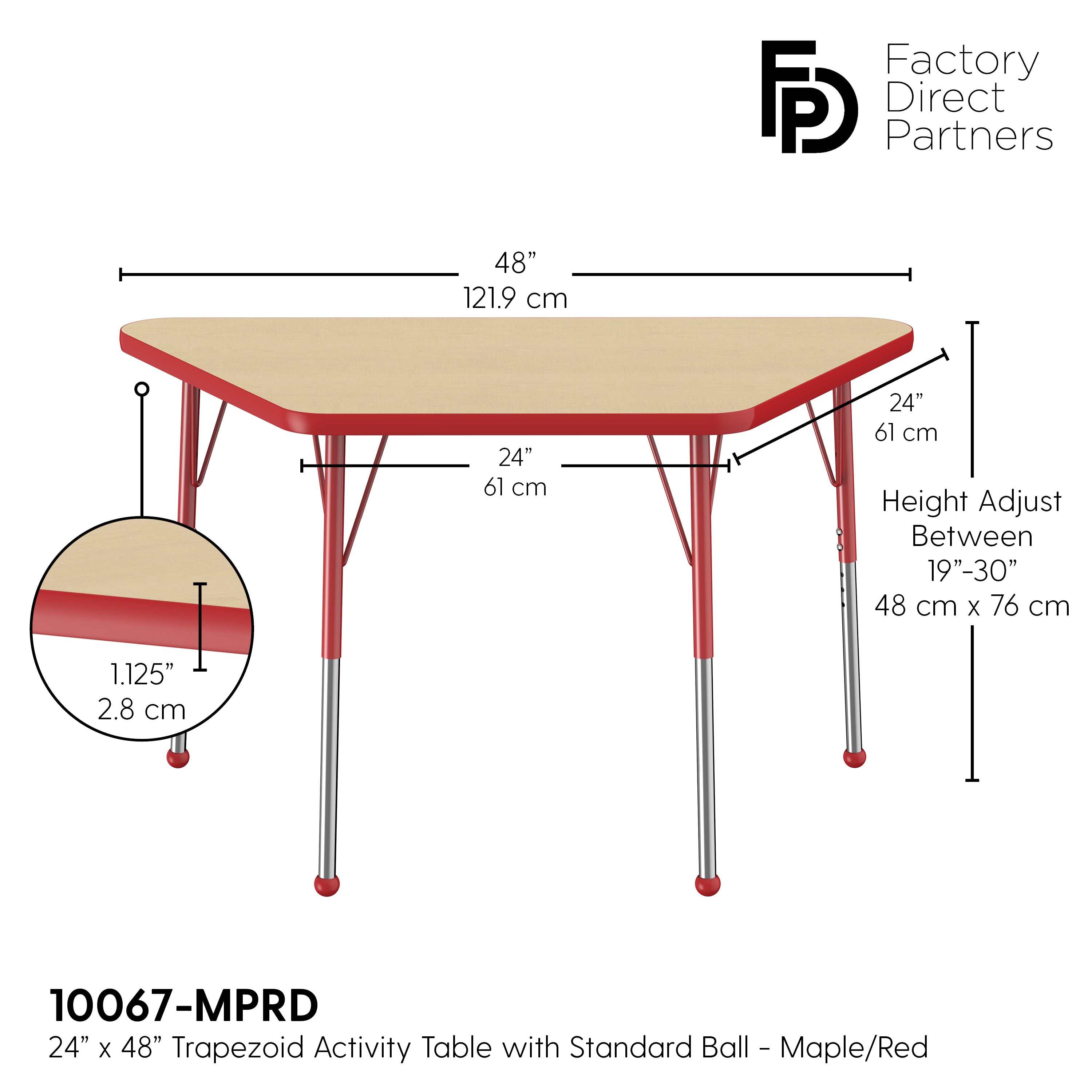 24" x 48" Trapezoid T-Molding Activity Table with Adjustable Standard Ball Glide Legs - Maple/Red