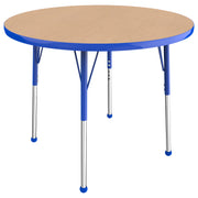 36" Round T-Molding Activity Table with Adjustable Standard Ball Glide Legs - Maple/Blue