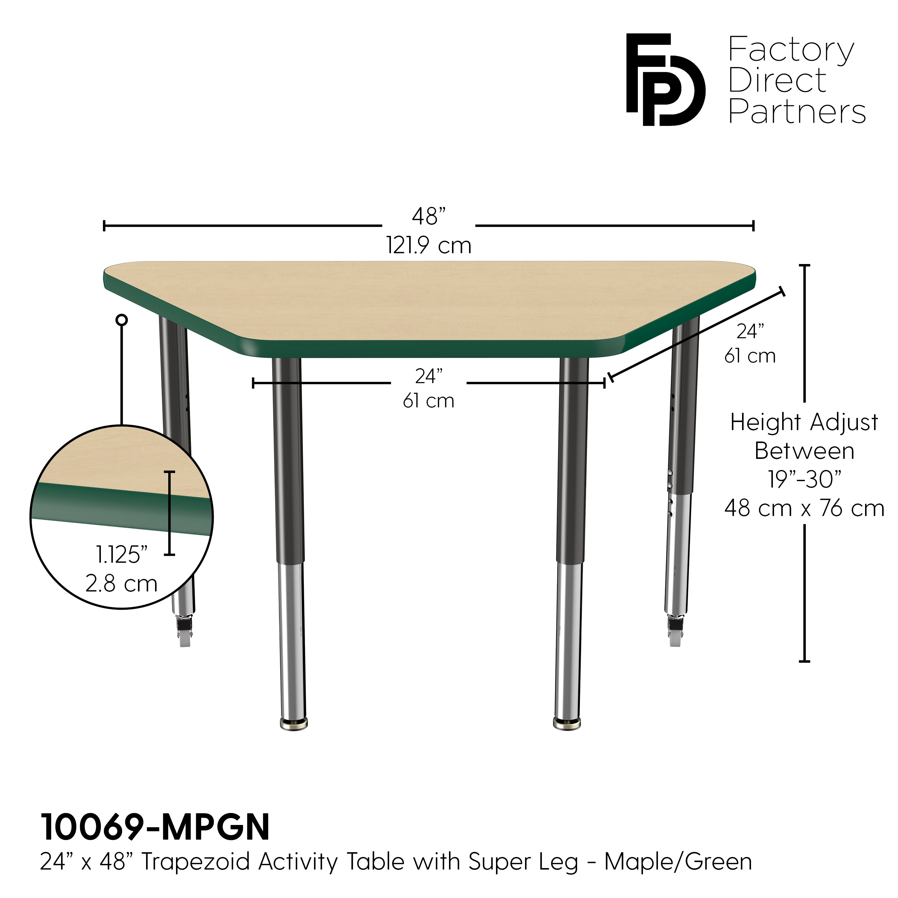 24" x 48" Trapezoid T-Molding Activity Table with Adjustable Super Legs - Maple/Green/Black