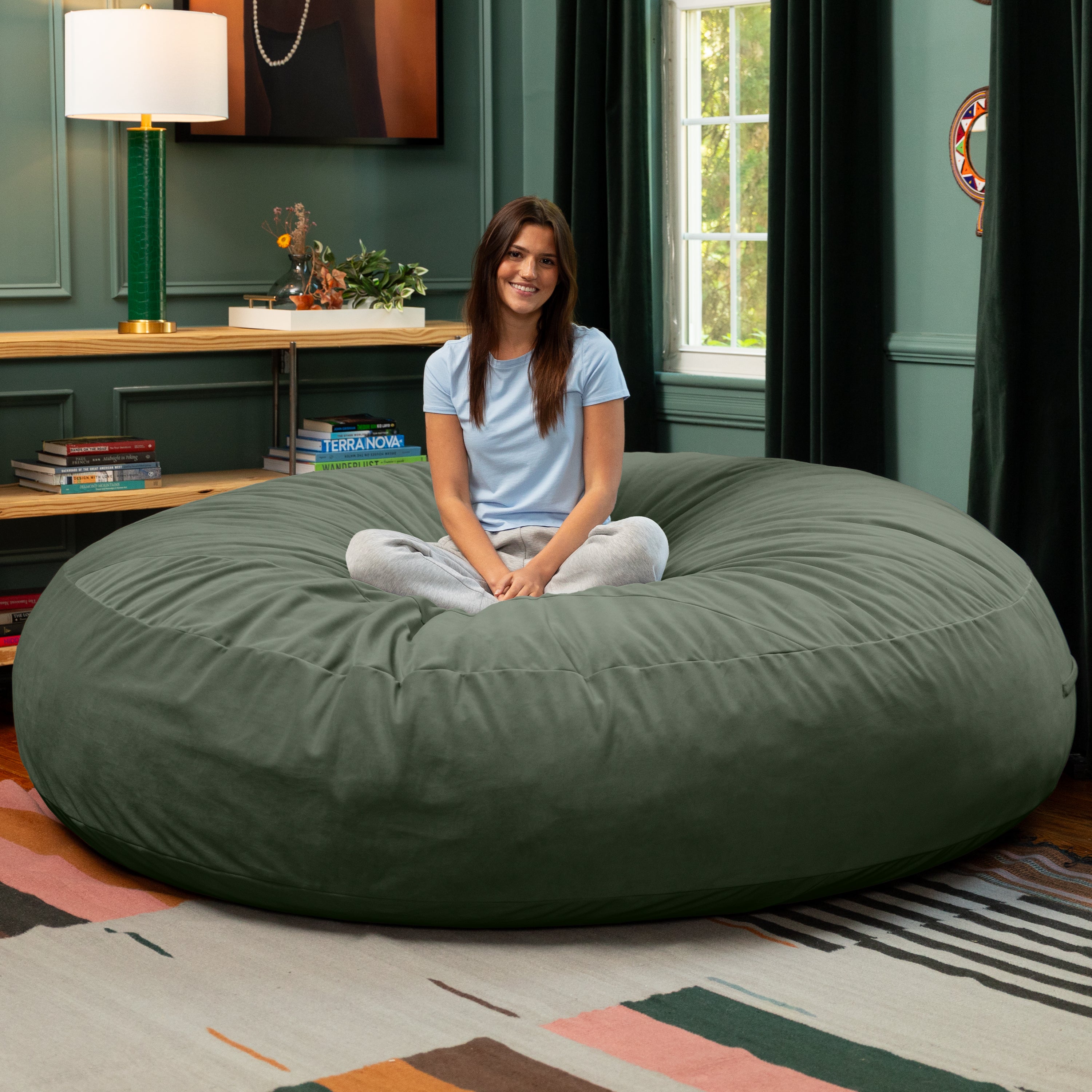 Jaxx 7 Foot Cocoon - 2-in-1 Convertible Bean Bag Bed & Large Bean Bag Chair for Adults, Lush Velvet Green