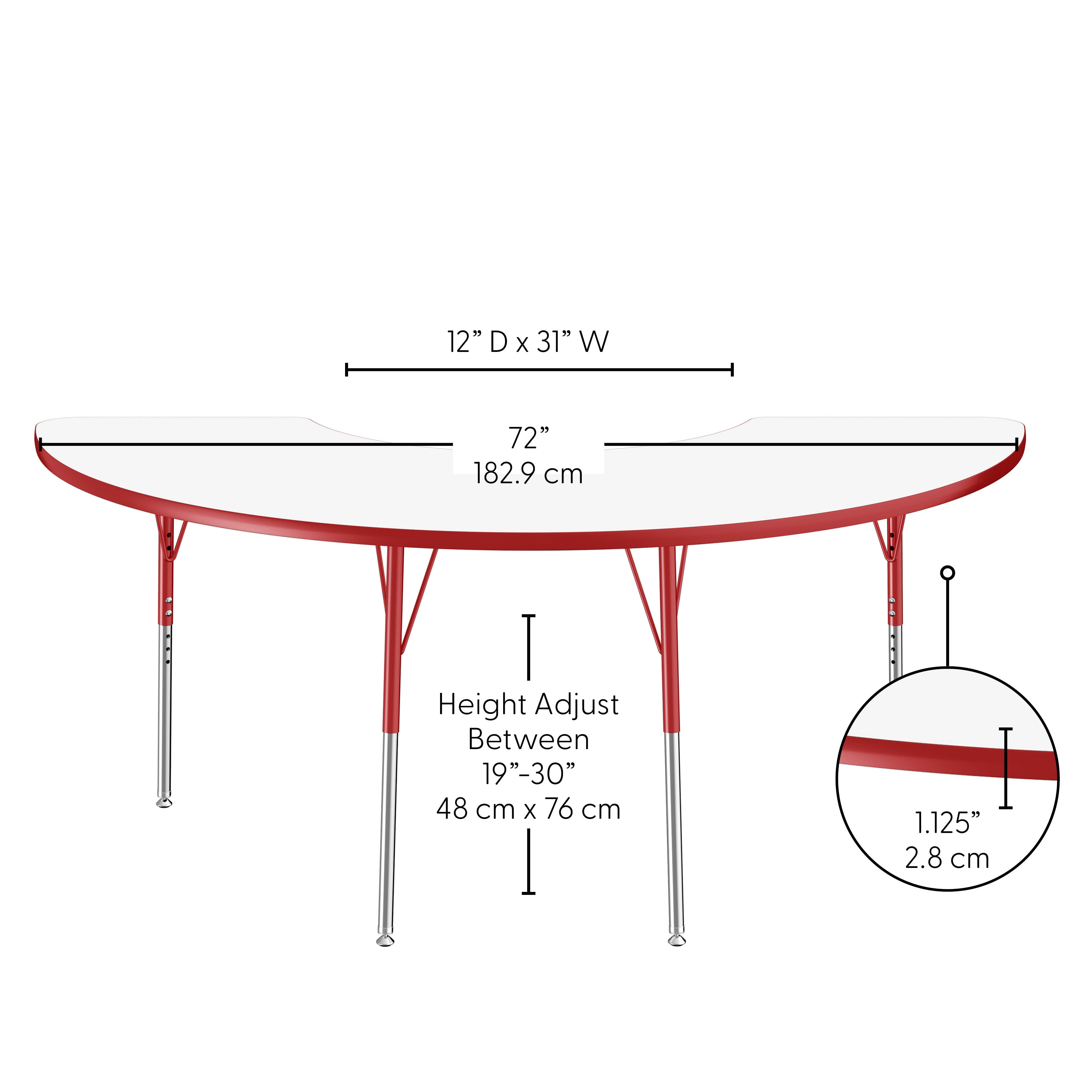 36" x 72" Half Moon Dry-Erase Activity Table with Adjustable Standard Swivel Glide Legs - Whiteboard/Red