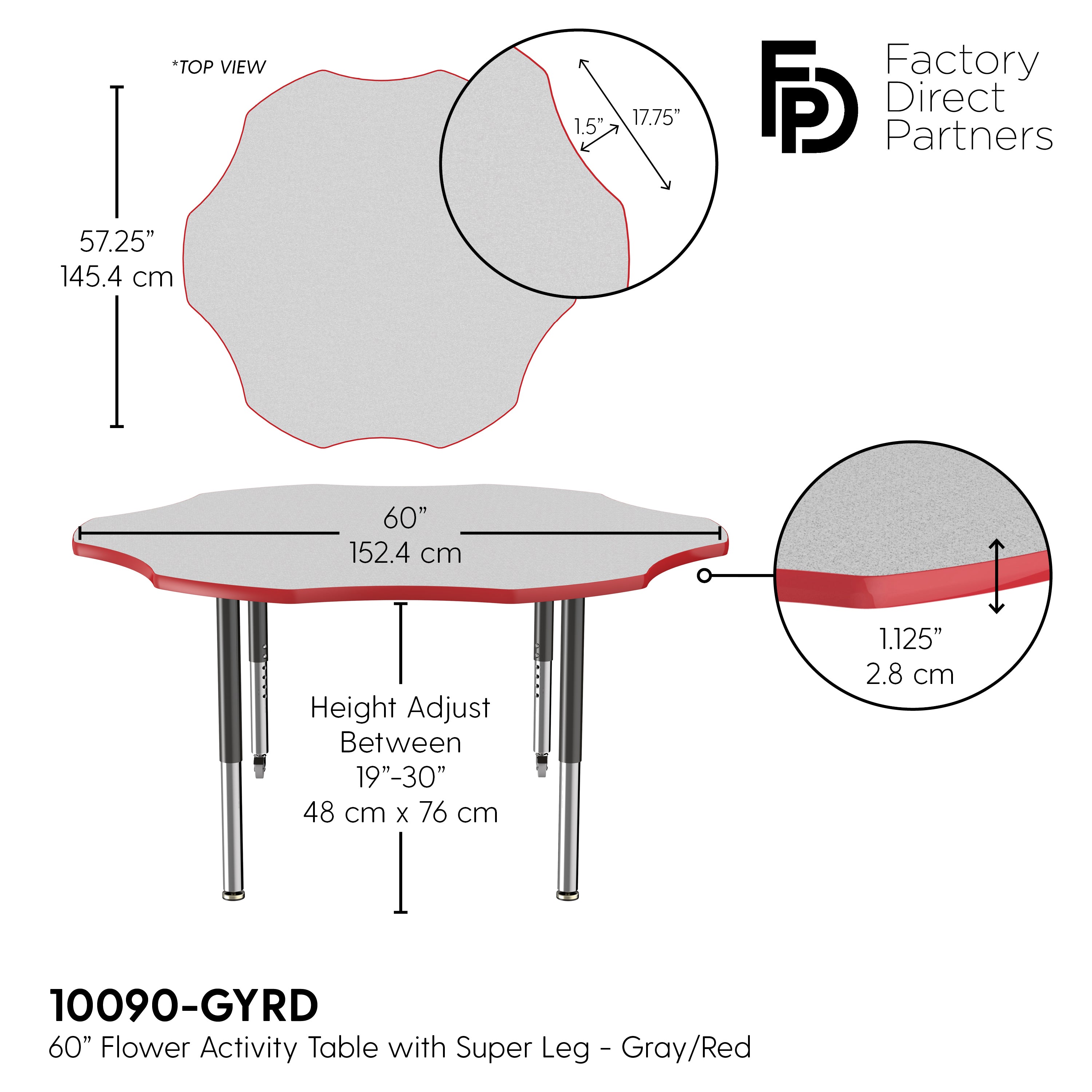 60" x 60" Flower T-Molding Activity Table with Adjustable Super Legs - Gray/Red/Black
