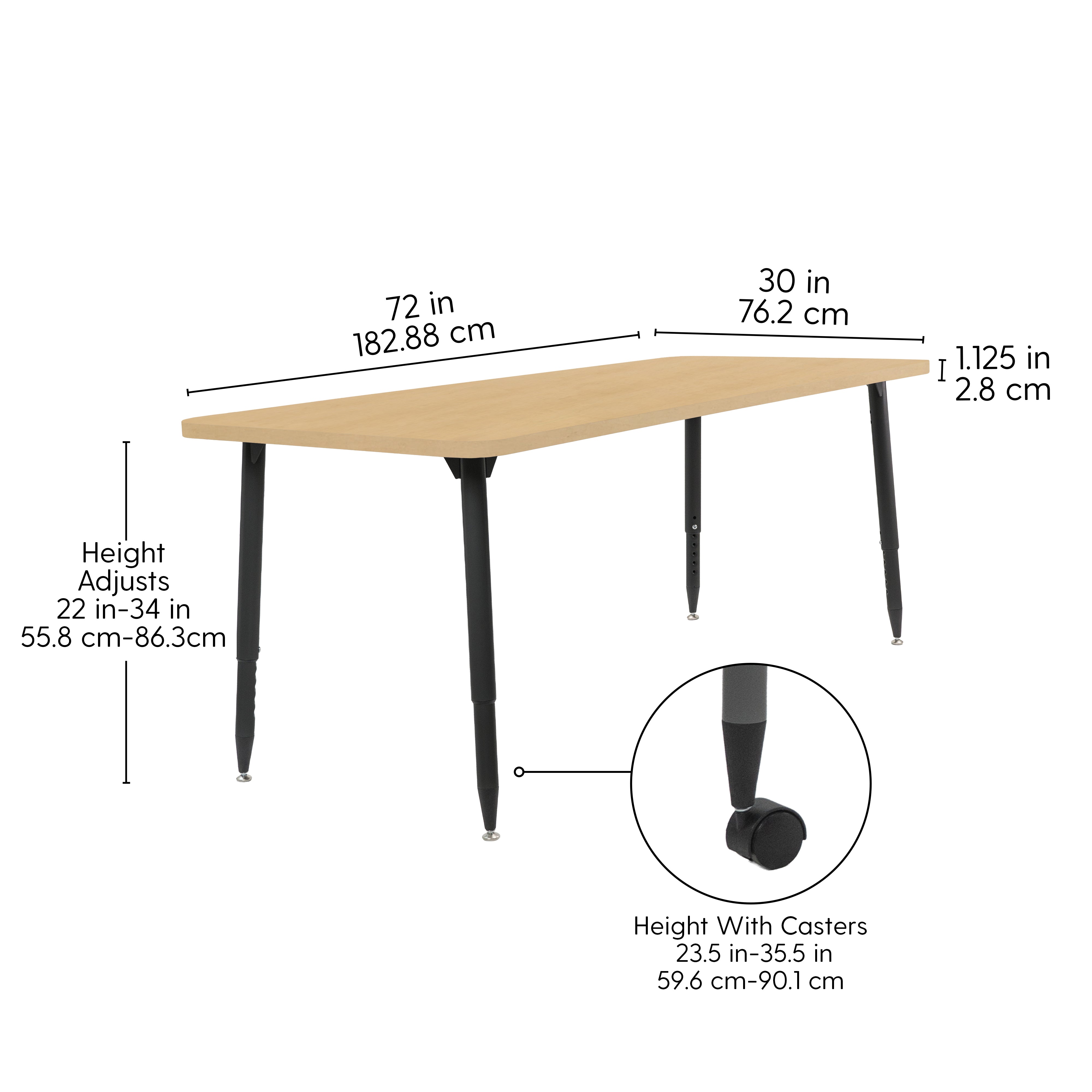 Adapte 30" x 72" Rectangle Woodgrain Activity Table with Adjustable Tapered Legs - Maple Grain/Black