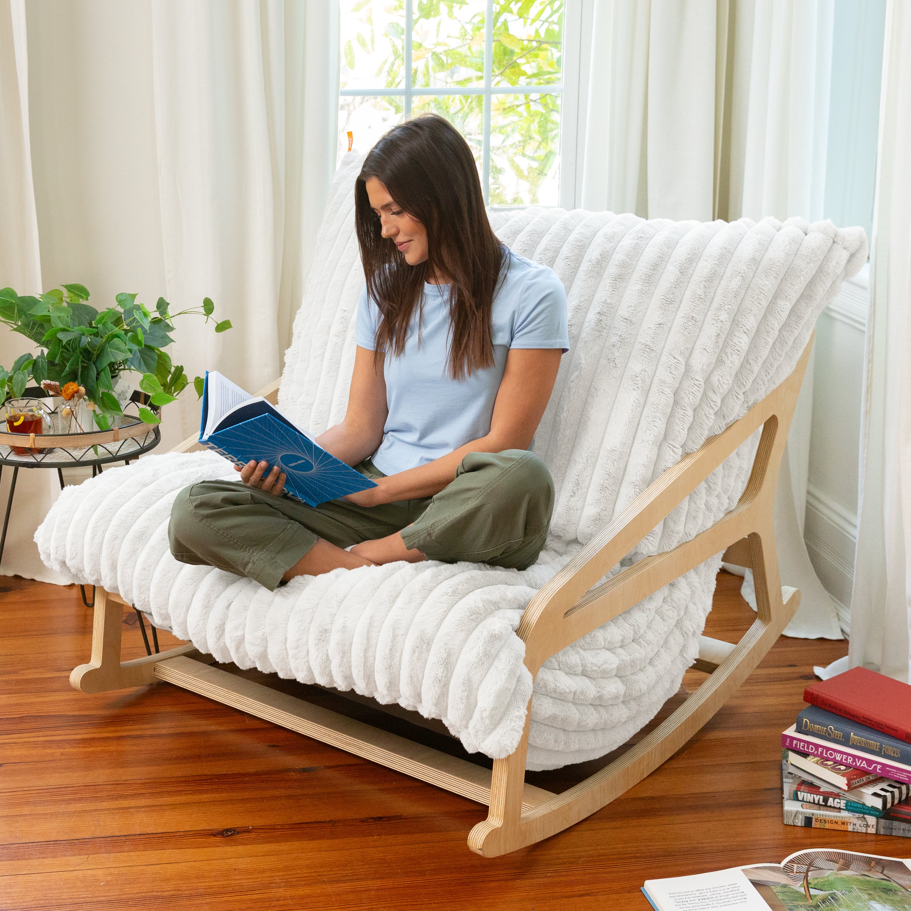 Pillow Saxx Bean Bag Rocking Chair - Elegant Oversized Rocker with Modern Wood Frame, Mondo Fur Ivory
