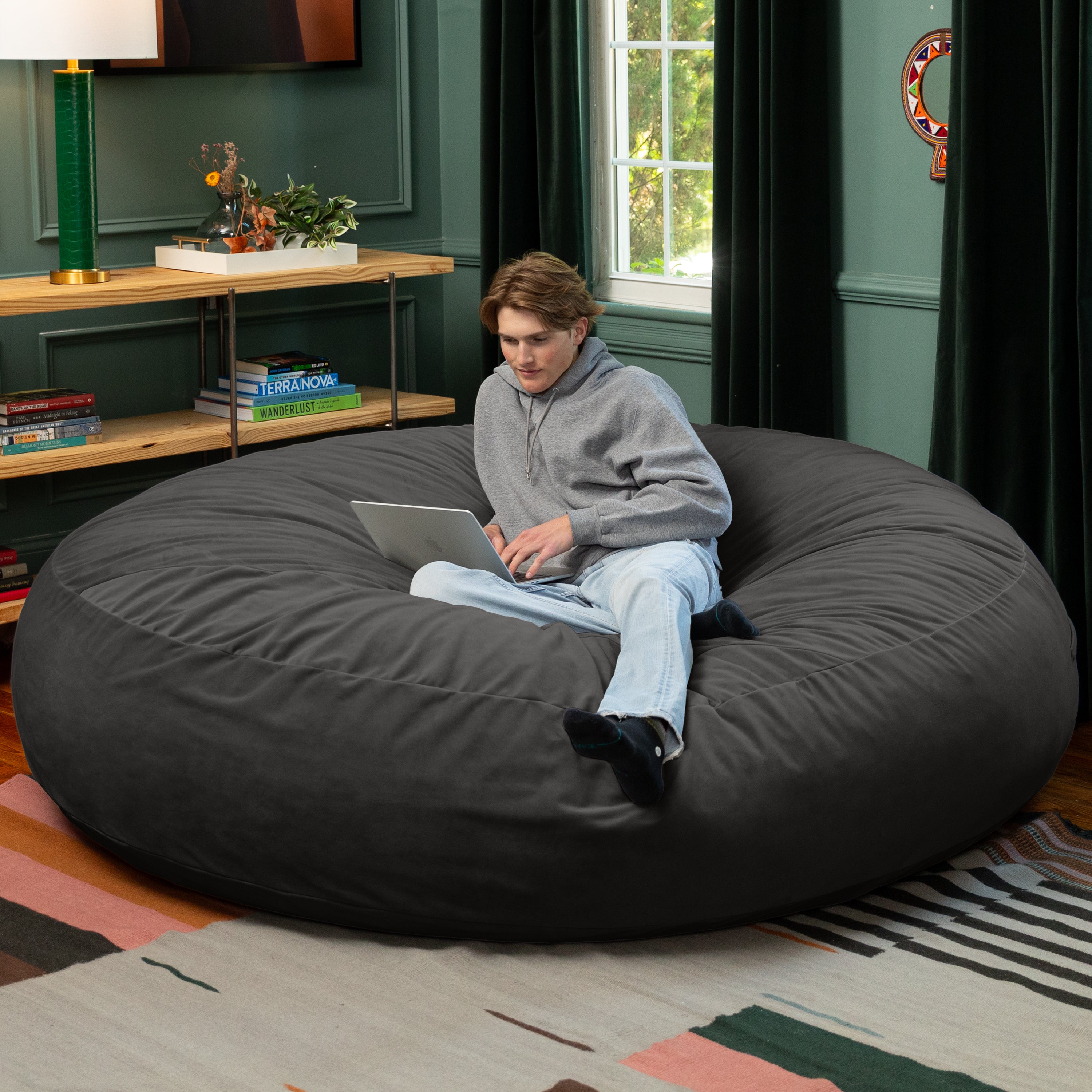 Jaxx 6 Foot Cocoon - 2-in-1 Convertible Bean Bag Bed & Large Bean Bag Chair for Adults, Premium Lush Velvet - Black