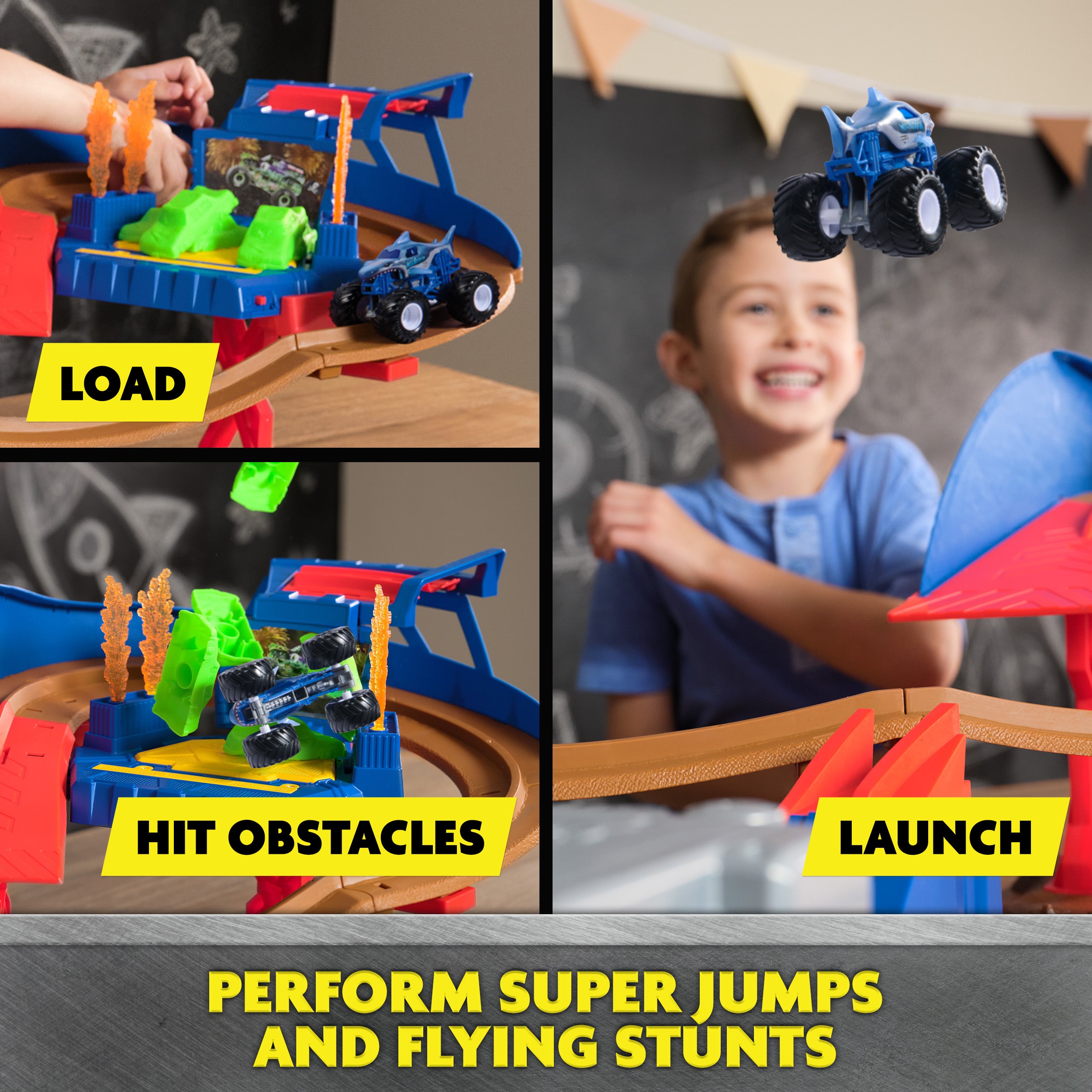 Monster Jam, Supercharge Speedway Playset, Megalodon and El Toro Loco Die-Cast Monster Trucks, Light Up World Finals Track Kids Toys for Boys Ages 3+
