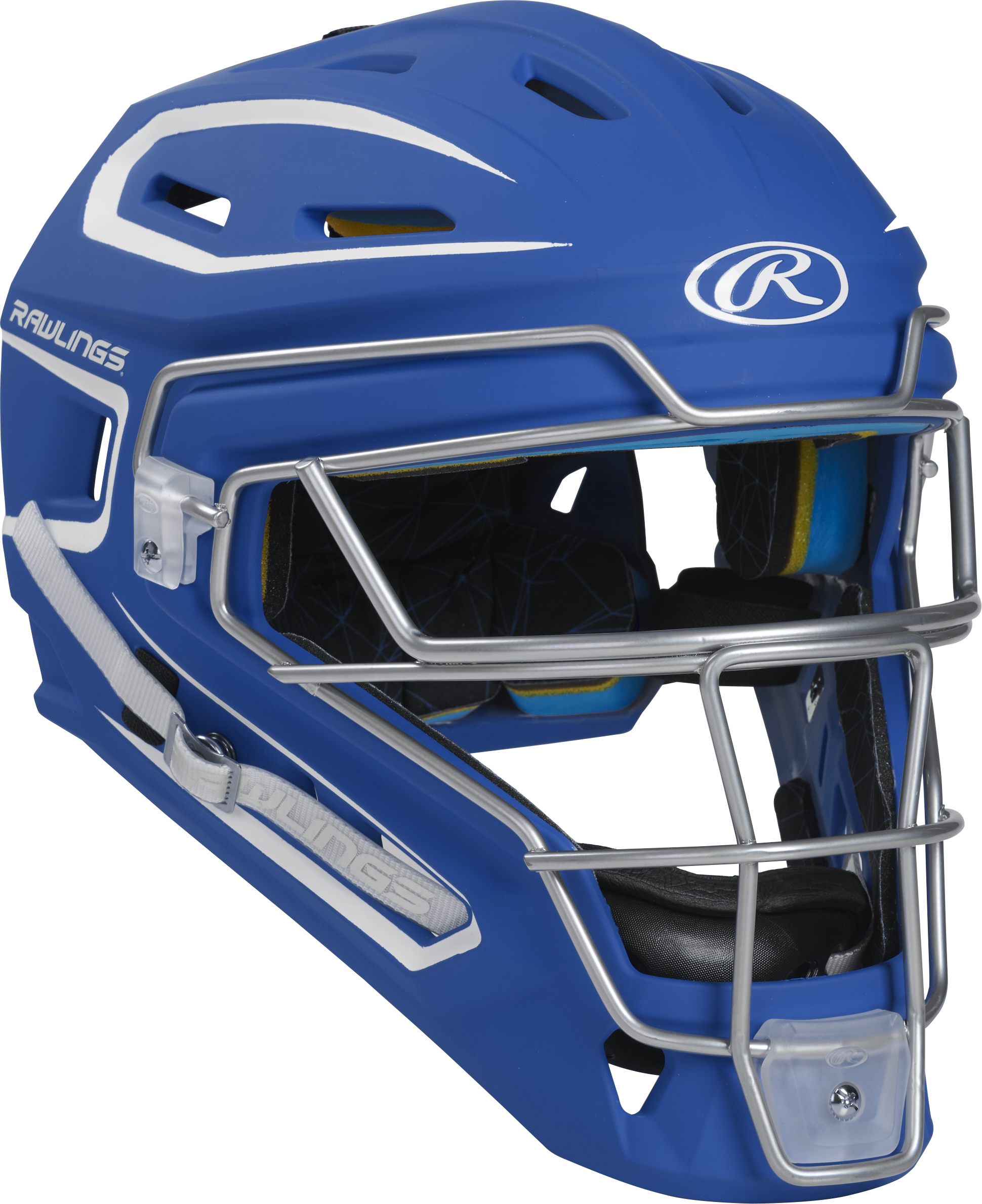 Rawlings Mach Matte 2-Tone Hockey Style Senior Catchers Helmet - Royal/White