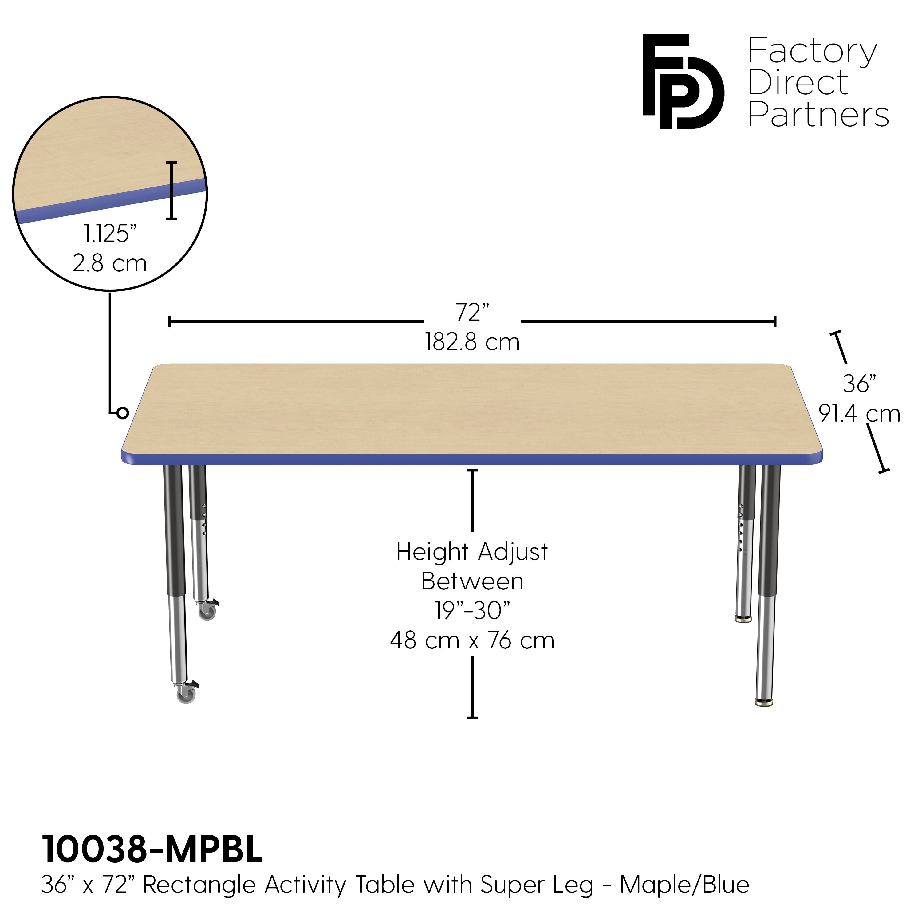 36" x 72" Rectangle T-Molding Activity Table with Adjustable Super Legs - Maple/Blue/Black