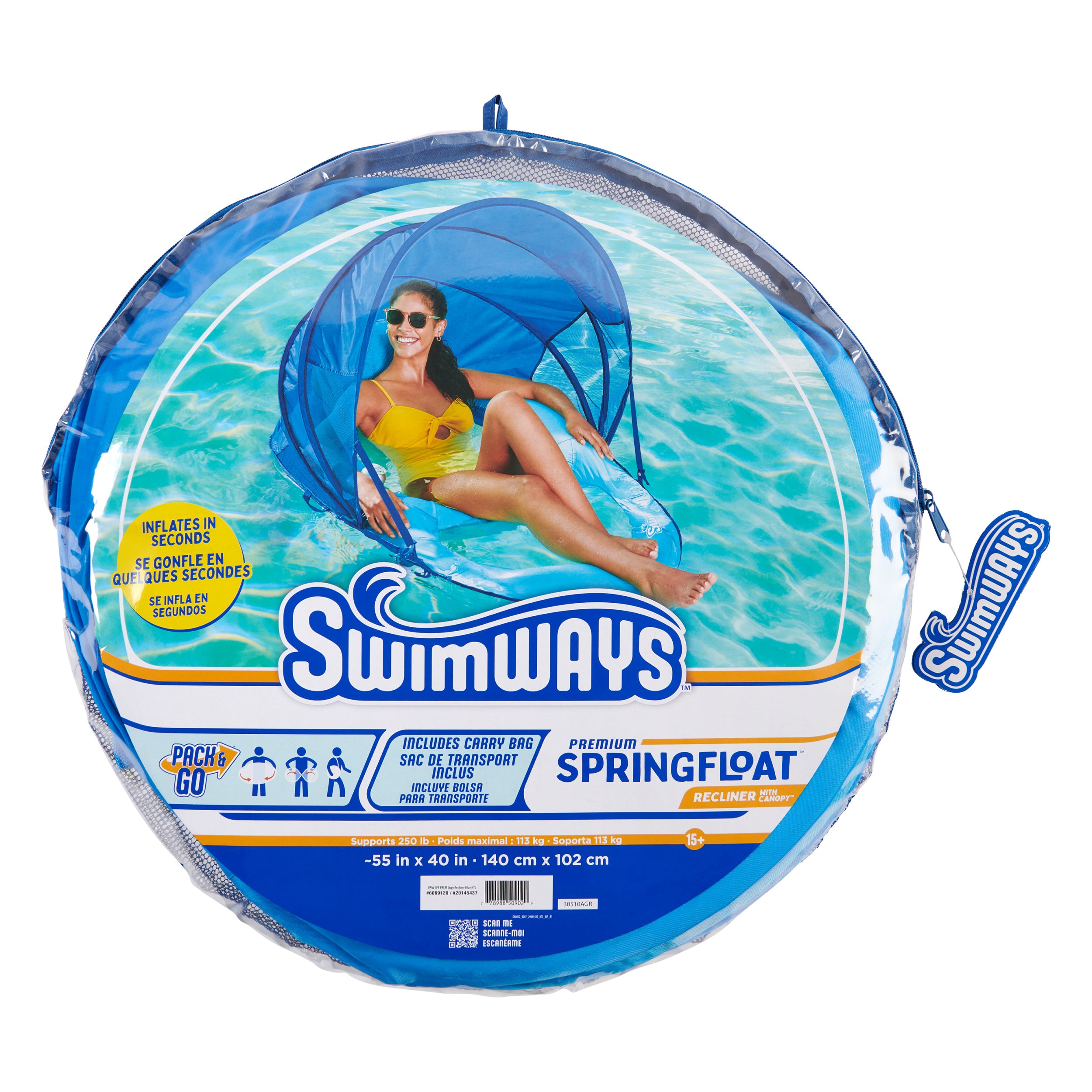 SwimWays Spring Float Premium Recliner Pool Lounge Chair with Adjustable Canopy and Hyper-Flate Valve, Blue