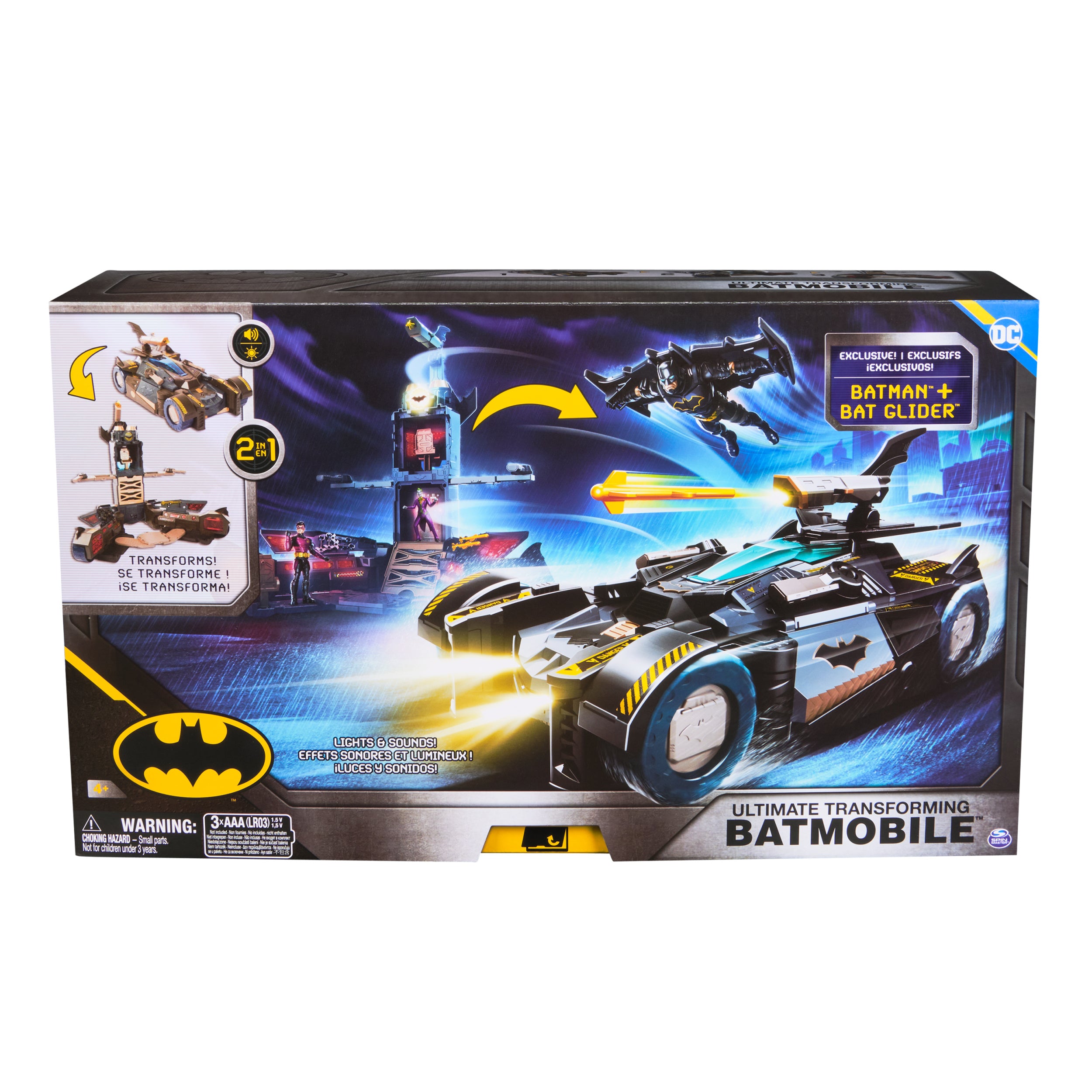 Batman, Ultimate Transforming Batmobile Playset, 2-in-1 Playset with Exclusive Figure and Glider, Lights, Sounds, Kids Toys for Boys and Girls 4 and Up