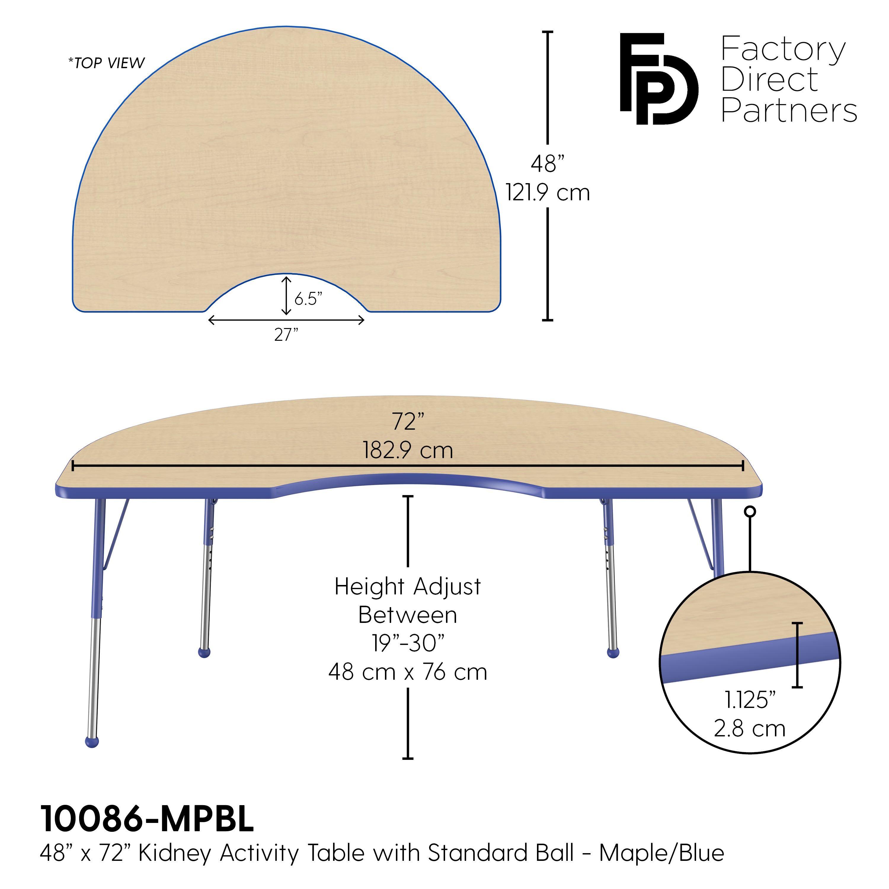 48" x 72" Kidney T-Molding Activity Table with Adjustable Standard Ball Glide Legs - Maple/Blue