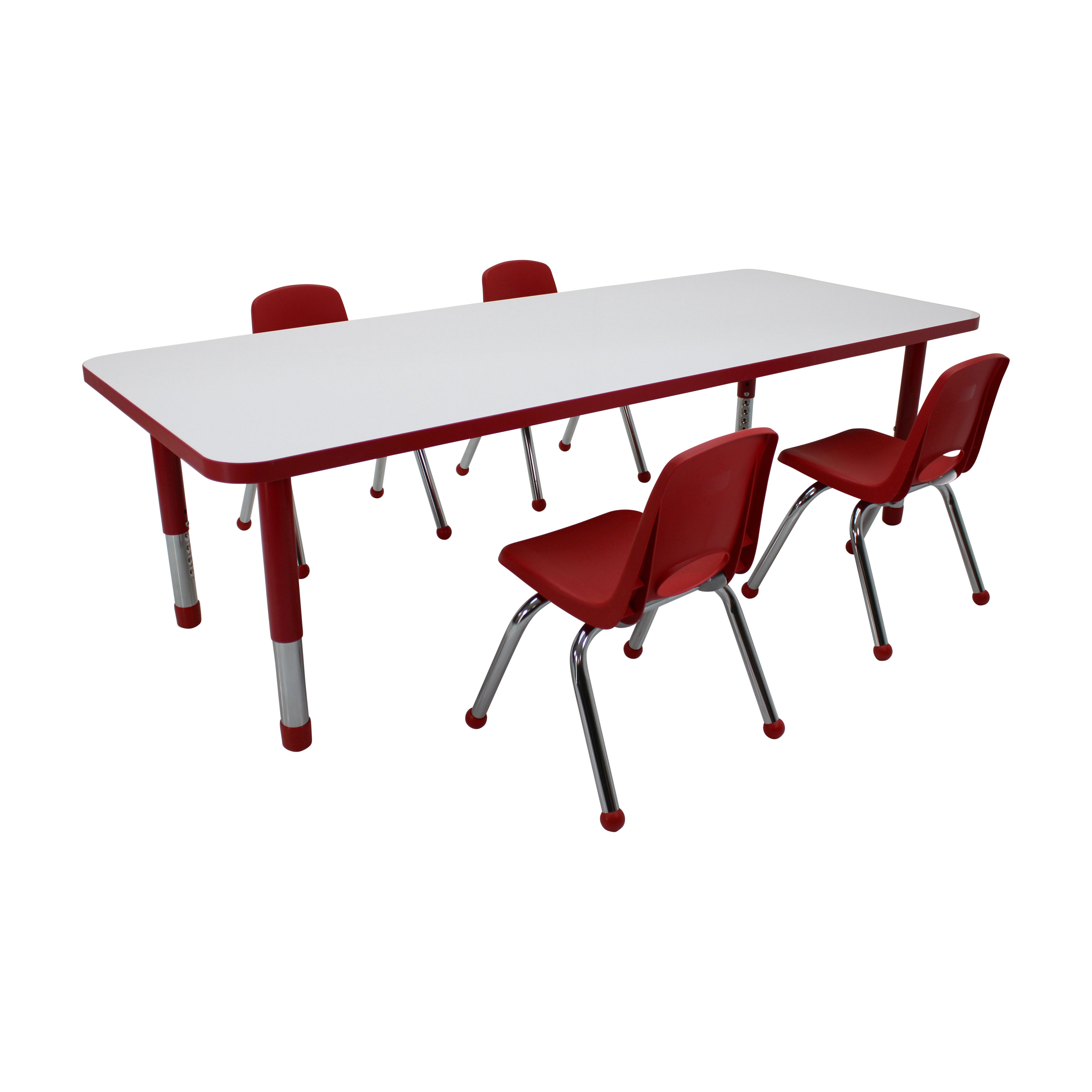 30" x 72" Rectangle Dry-Erase Activity Table with Chunky Legs and 12" Stack Chairs with Ball Glides, 5-Piece Set - Whiteboard/Red