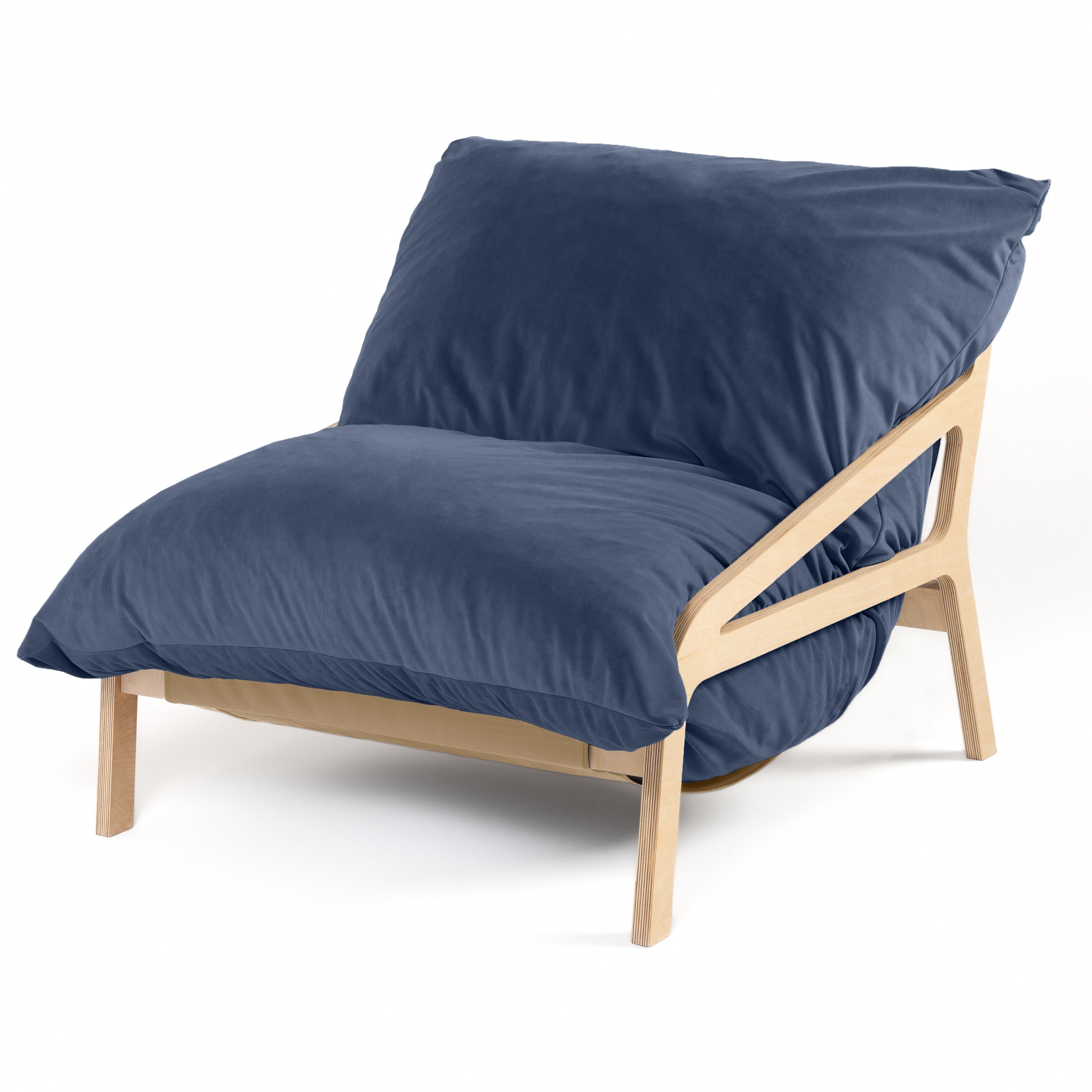 Pillow Saxx Dream Lounger with Wood Frame - 3-in-1 Bean Bag Accent Chair, Recliner & Sleeper, Lush Velvet Navy Blue