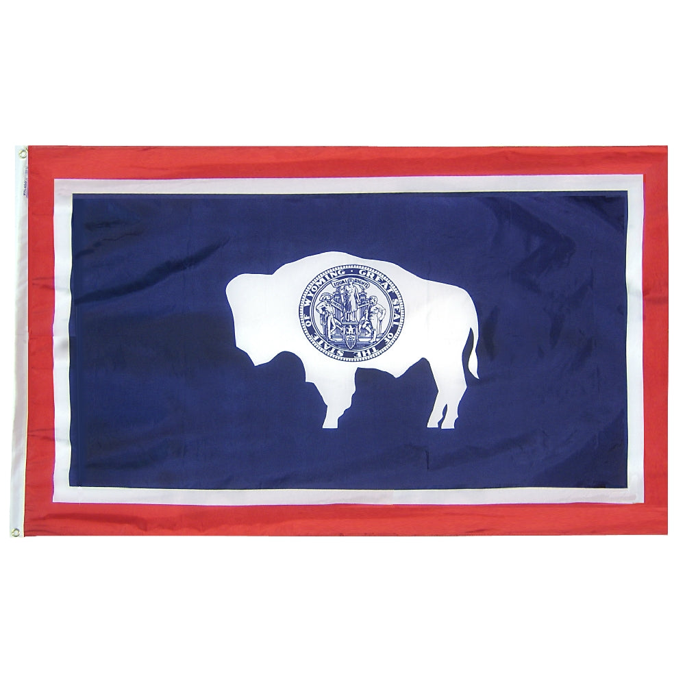 Wyoming State Flag 3x5 ft. Nylon SolarGuard Nyl-Glo 100% Made in USA to Official State Design Specifications.