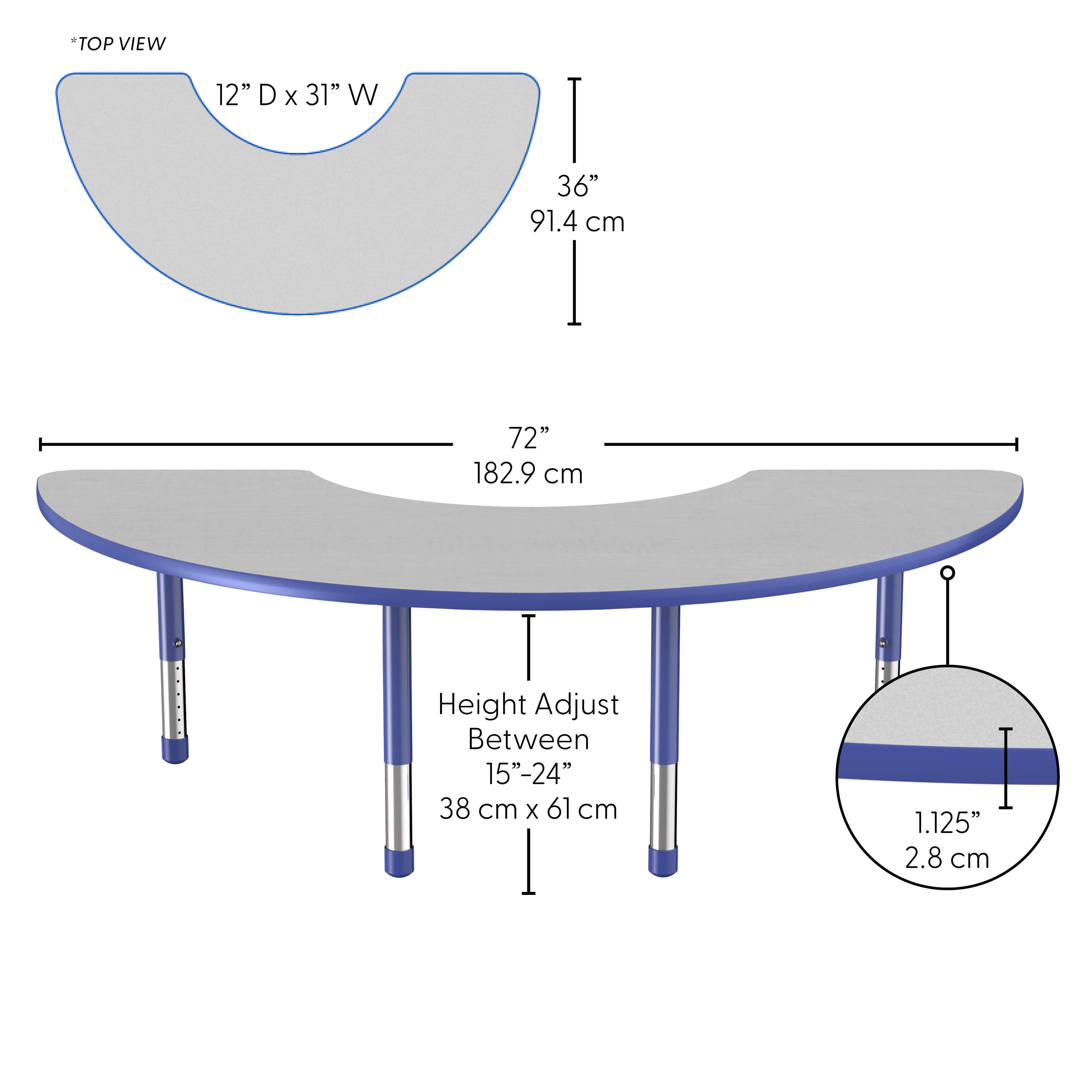 36" x 72" Half Moon Thermofused Activity Table with Adjustable Chunky Legs - Gray/Blue