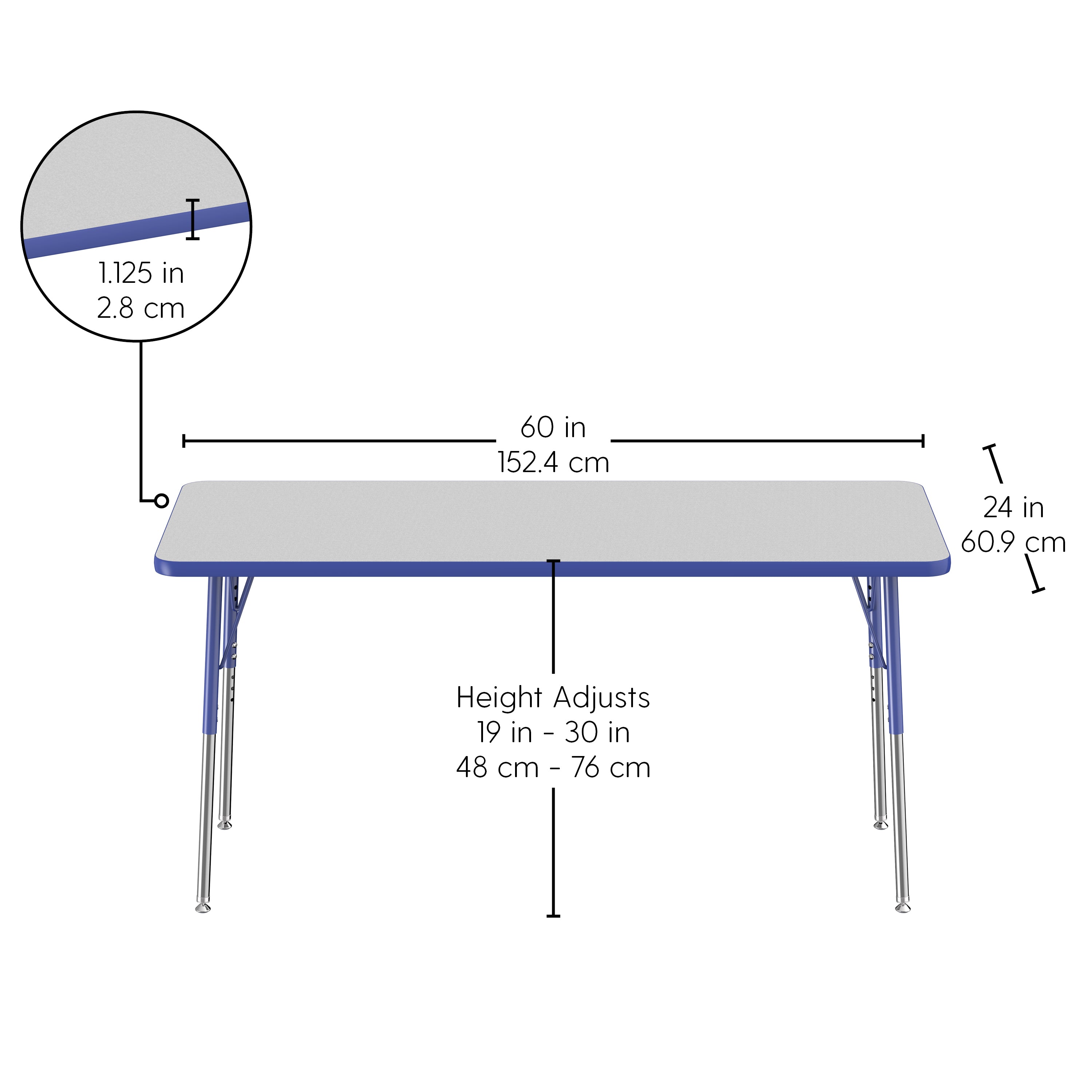 24" x 60" Rectangle T-Molding Activity Table with Adjustable Standard Swivel Glide Legs - Gray/Blue