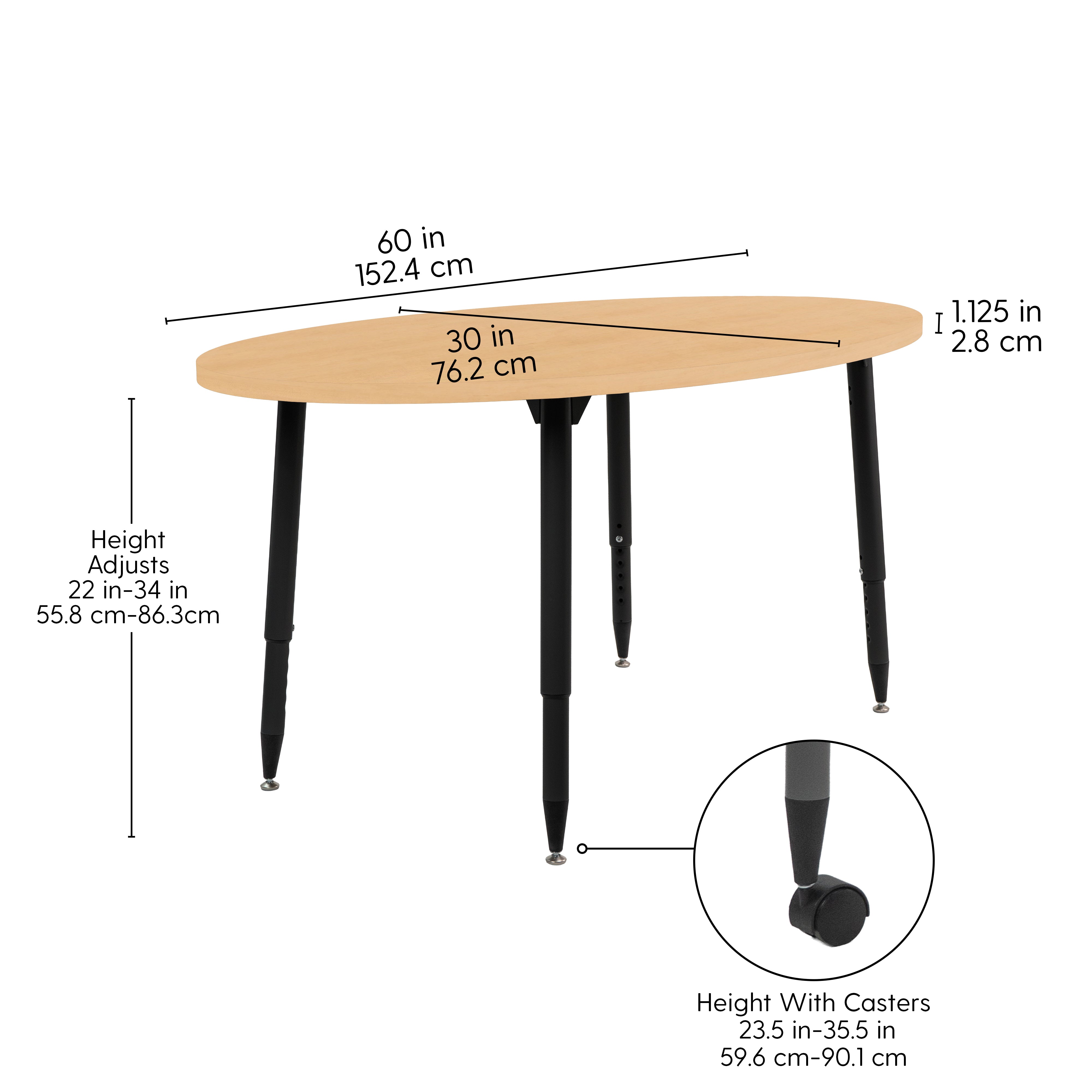 Adapte 30" x 60" Oval Woodgrain Activity Table with Adjustable Tapered Legs - Maple Grain/Black