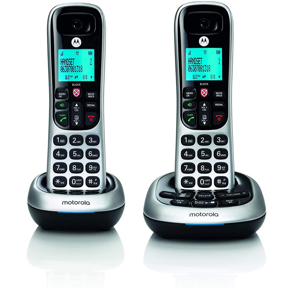 Motorola DECT 6.0 Cordless Phone with Answering Machine and Call Block, Silver/Black, 2 Handsets