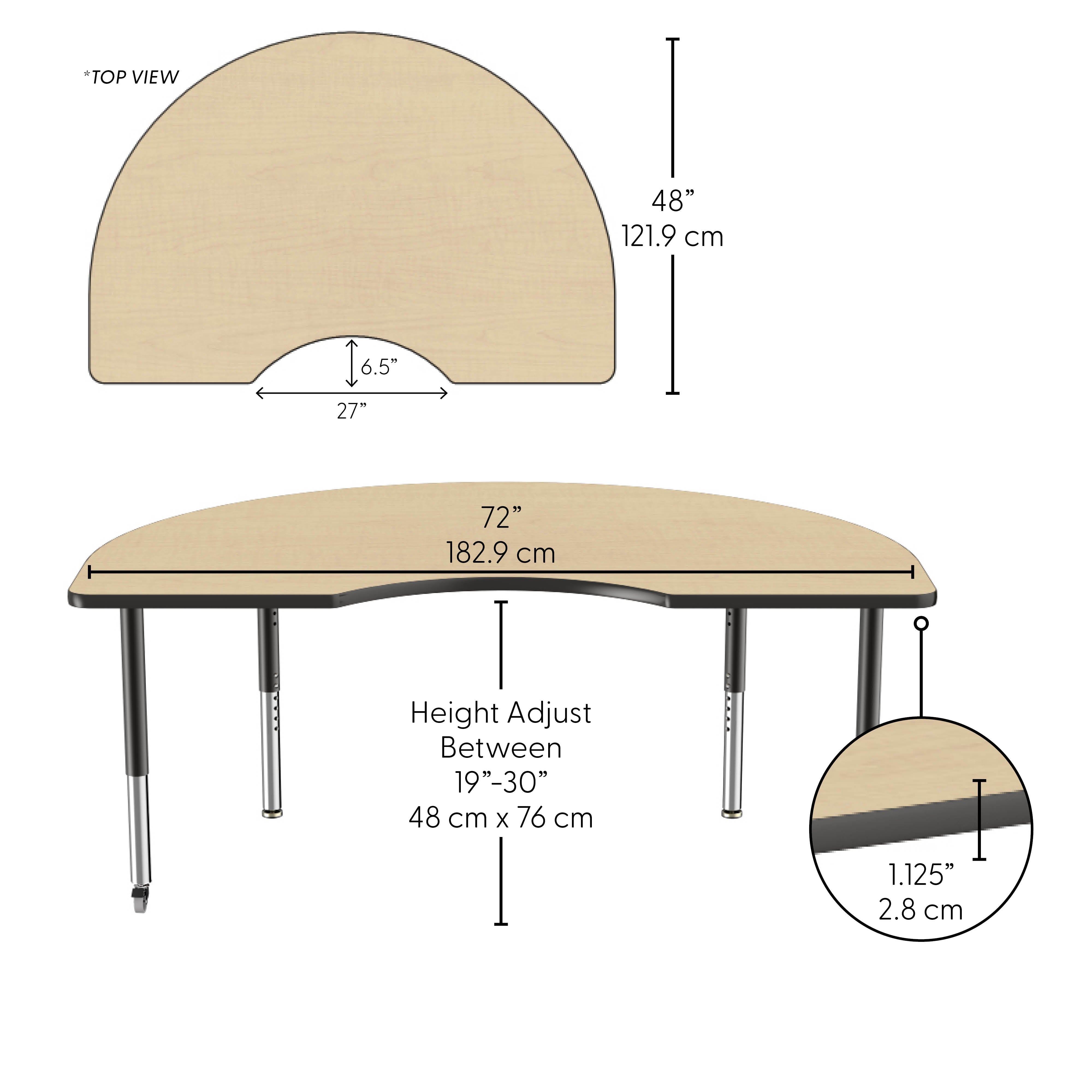 48" x 72" Kidney Thermofused Activity Table with Adjustable Super Legs - Maple/Black