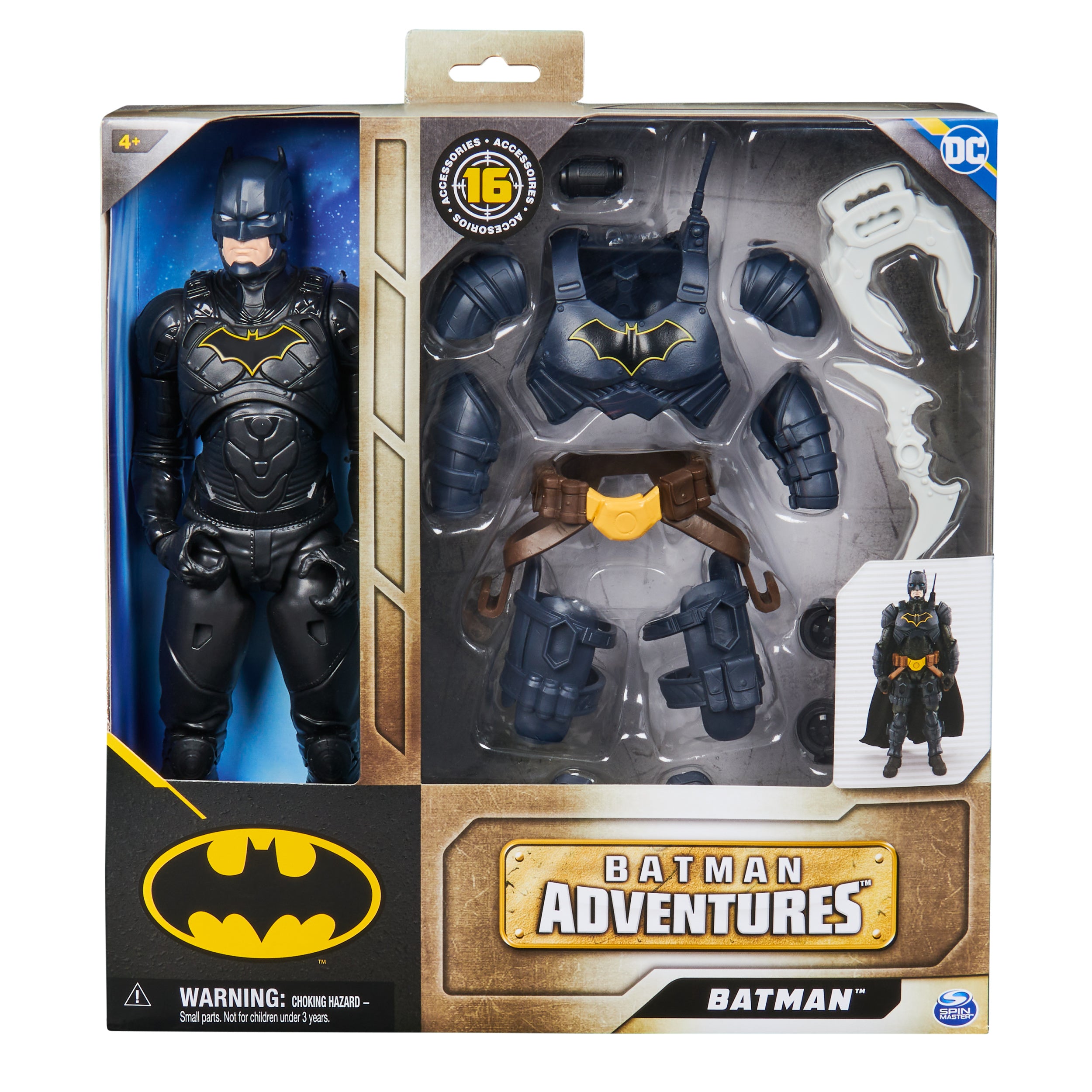 DC Comics, Batman Adventures, Batman Action Figure with 16 Armor Accessories, 17 Points of Articulation, 12-inch, Super Hero Kids Toy for Boys & Girls