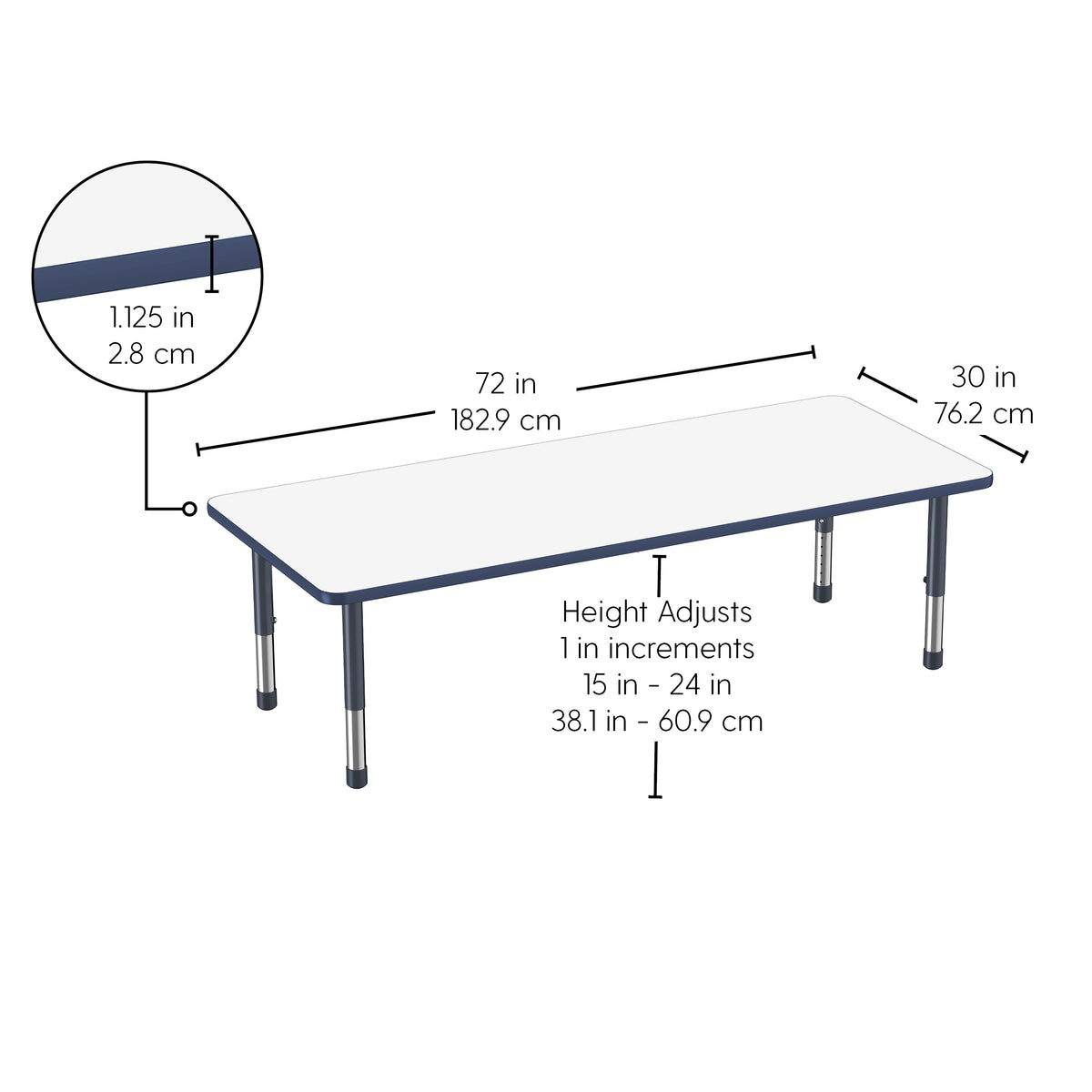 30" x 72" Rectangle Dry-Erase Activity Table with Adjustable Chunky Legs - Whiteboard/Navy
